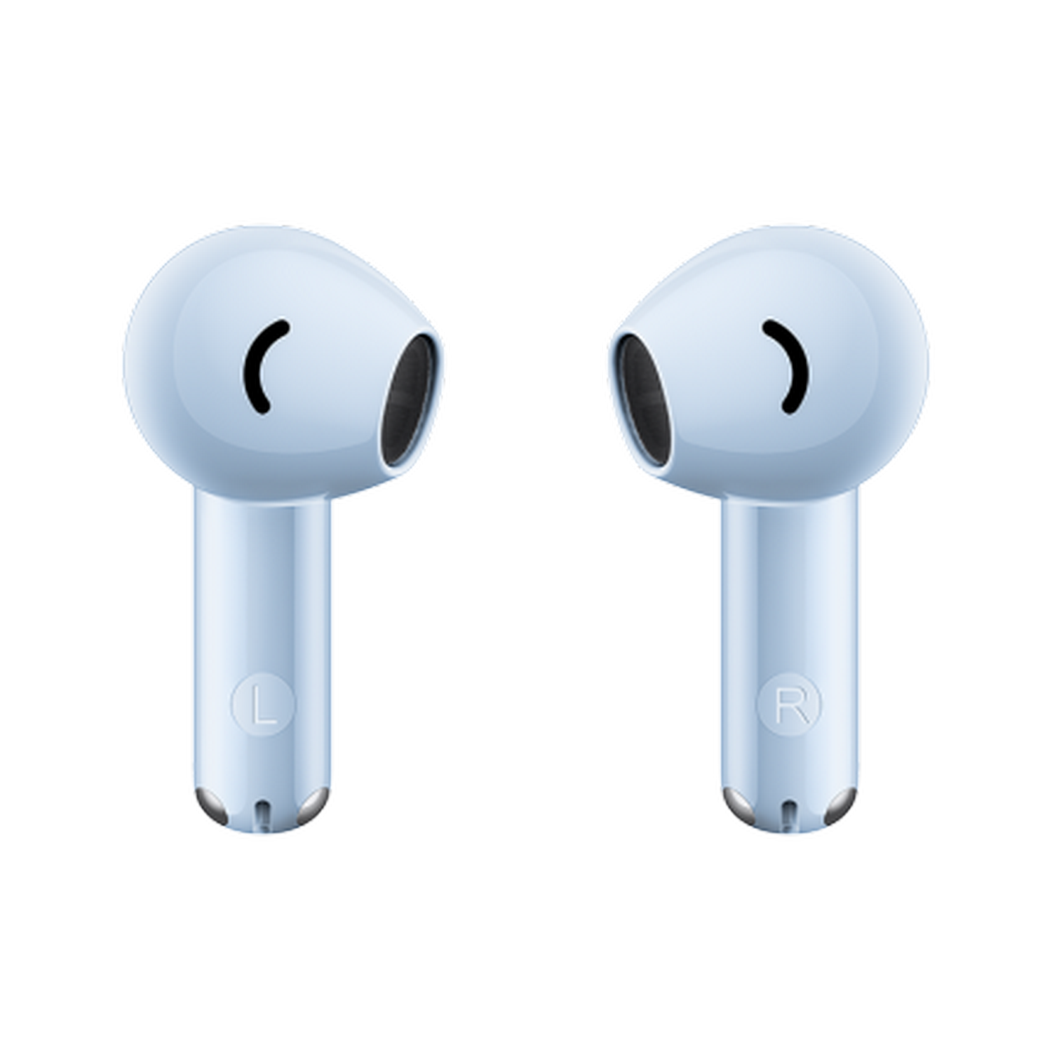 Un par de auriculares inalámbricos azul claro, cada uno con una marca 'L' y 'R'.