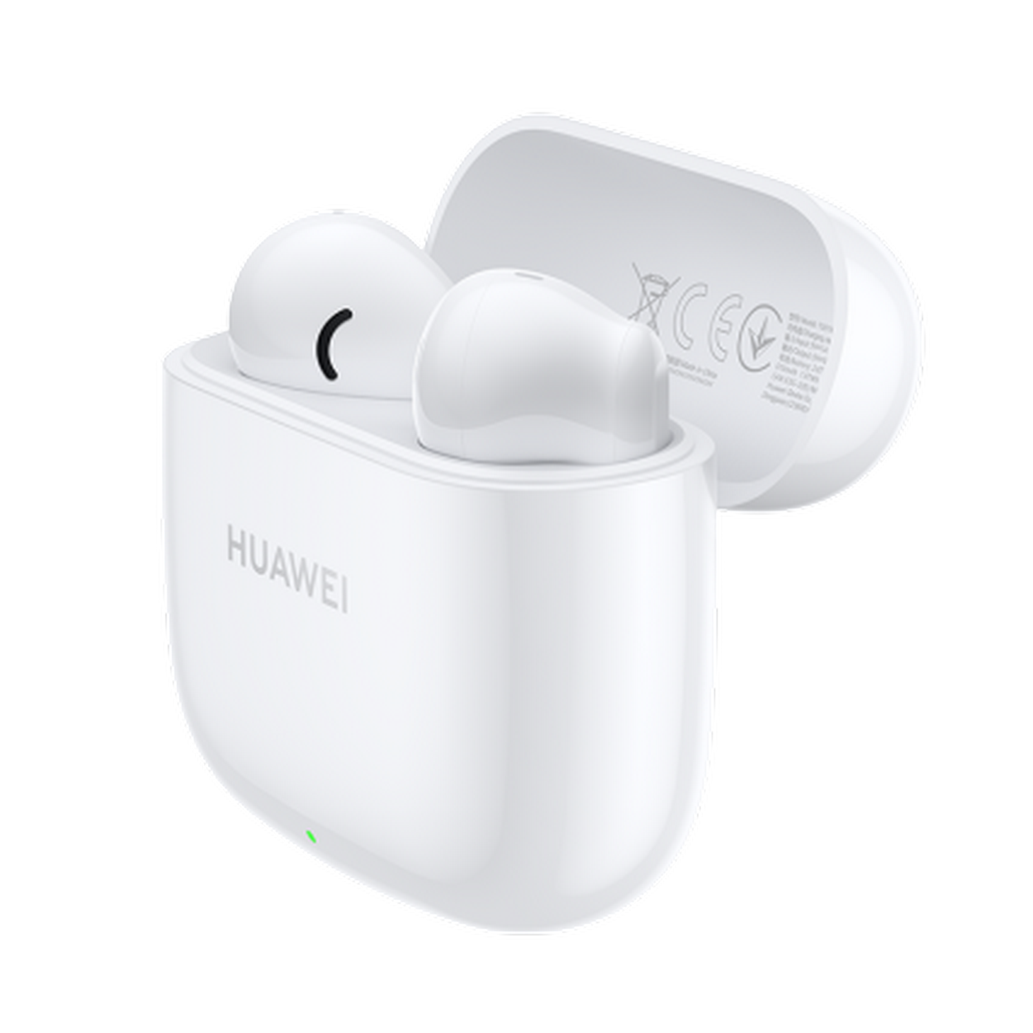 Auriculares Huawei blancos en un estuche de carga. El estuche está abierto, mostrando los auriculares.