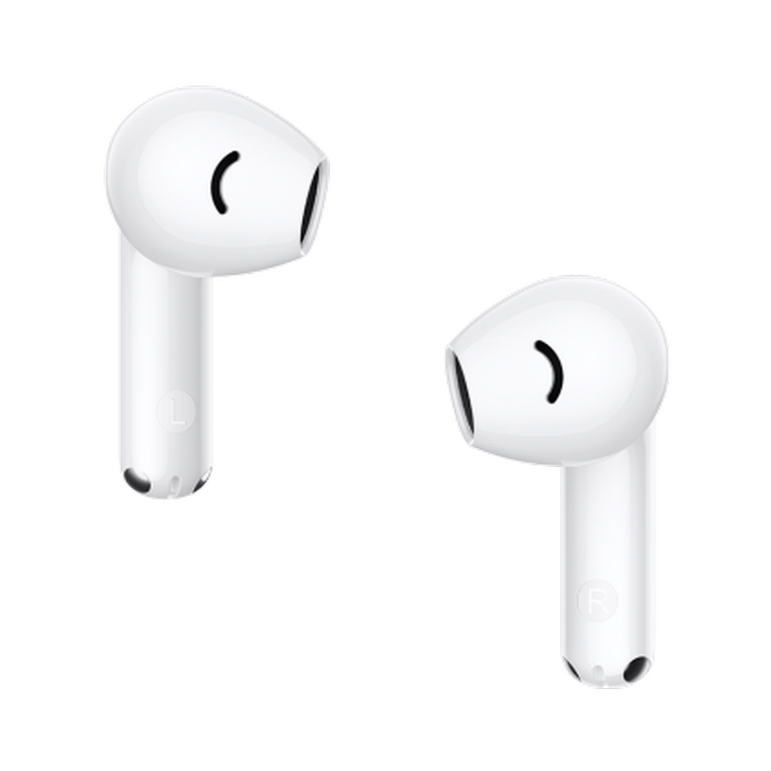 Dos auriculares inalámbricos blancos sobre un fondo negro. Cada uno tiene un extremo redondo.