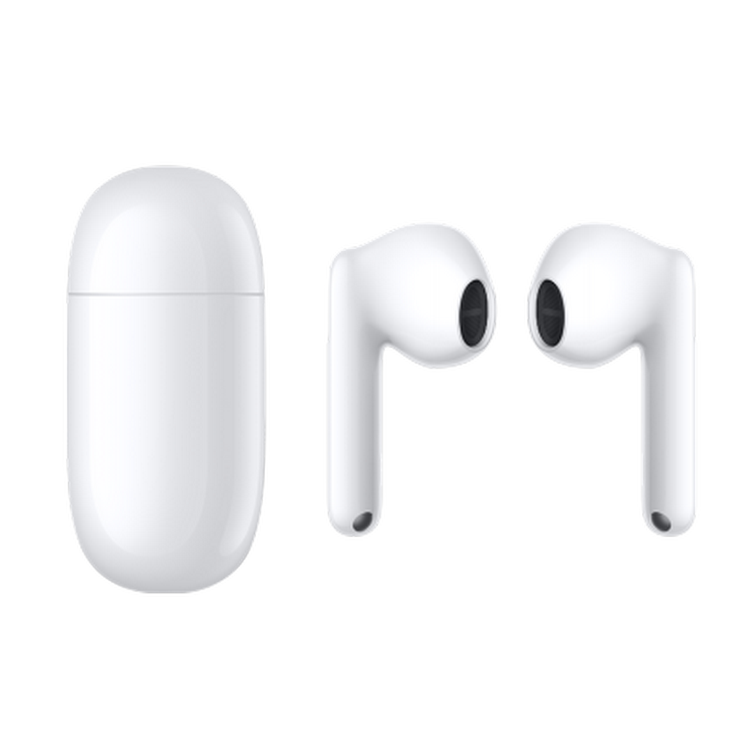 Auriculares inalámbricos blancos y estuche de carga sobre un fondo negro.