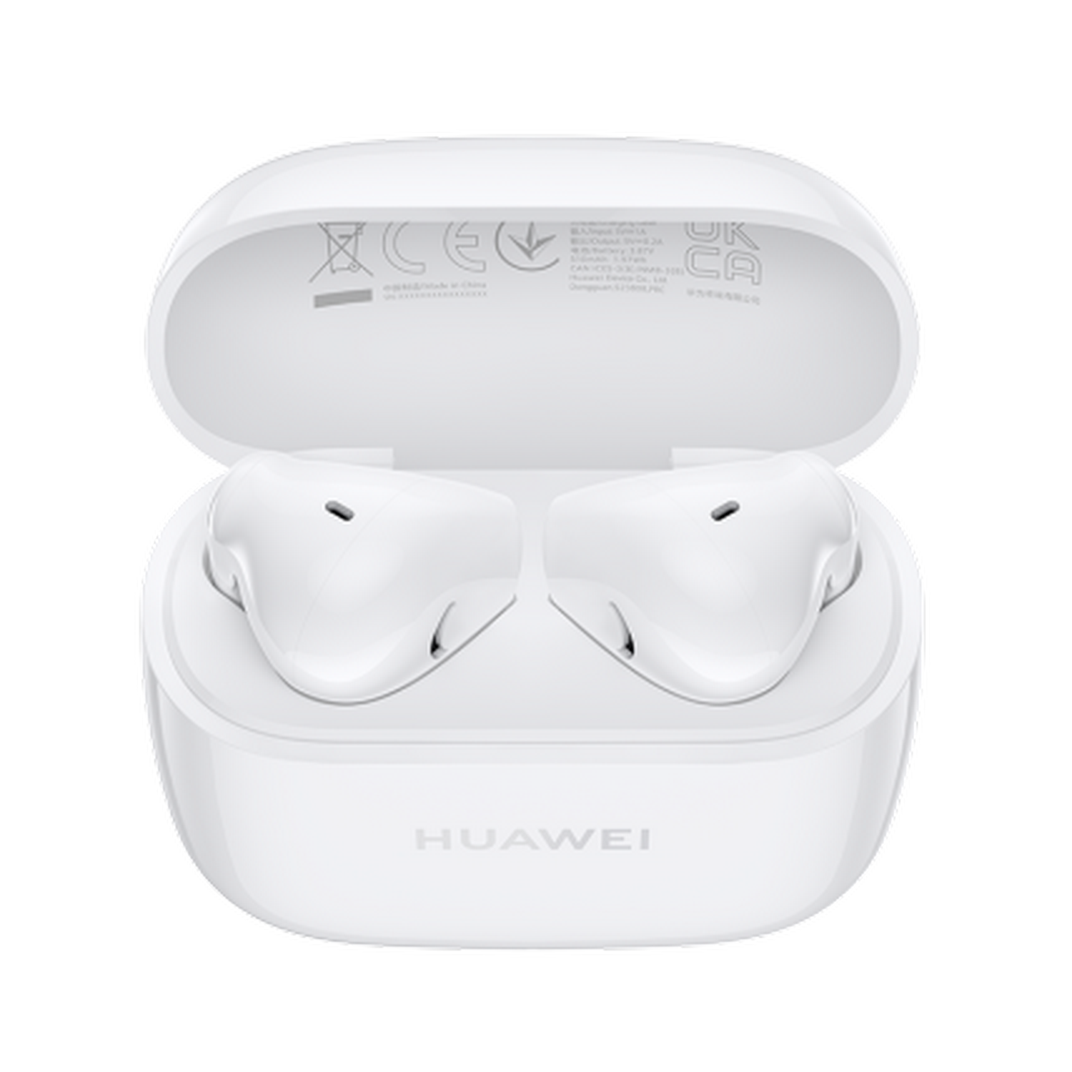 Estuche de carga blanco para auriculares. Abierto, mostrando dos auriculares. Logotipo de Huawei en la parte inferior.