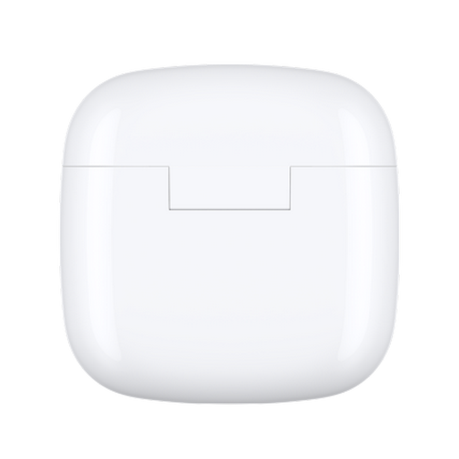 Un estuche de carga blanco y cerrado para auriculares, sobre un fondo negro.