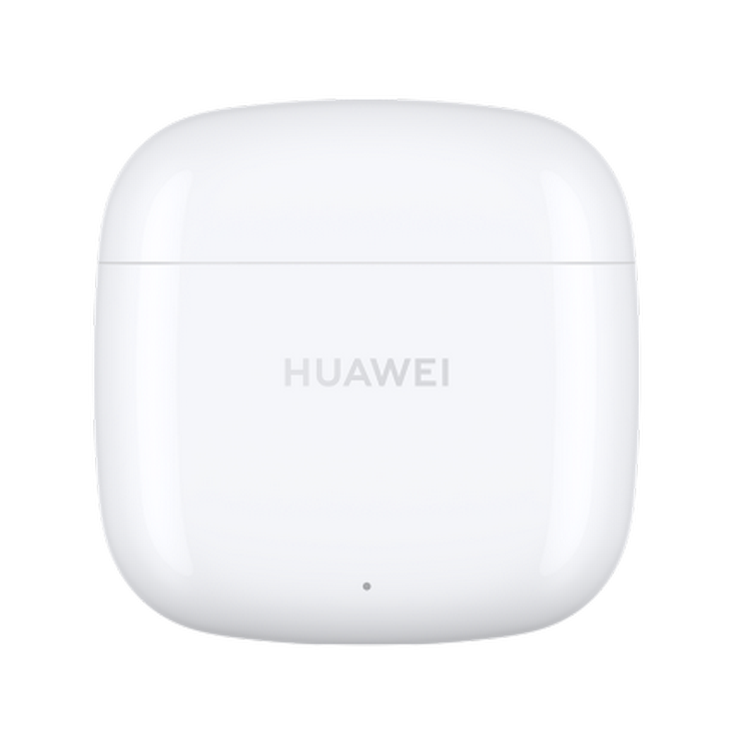 Estuche de carga Huawei blanco con el nombre de la marca sobre fondo negro.