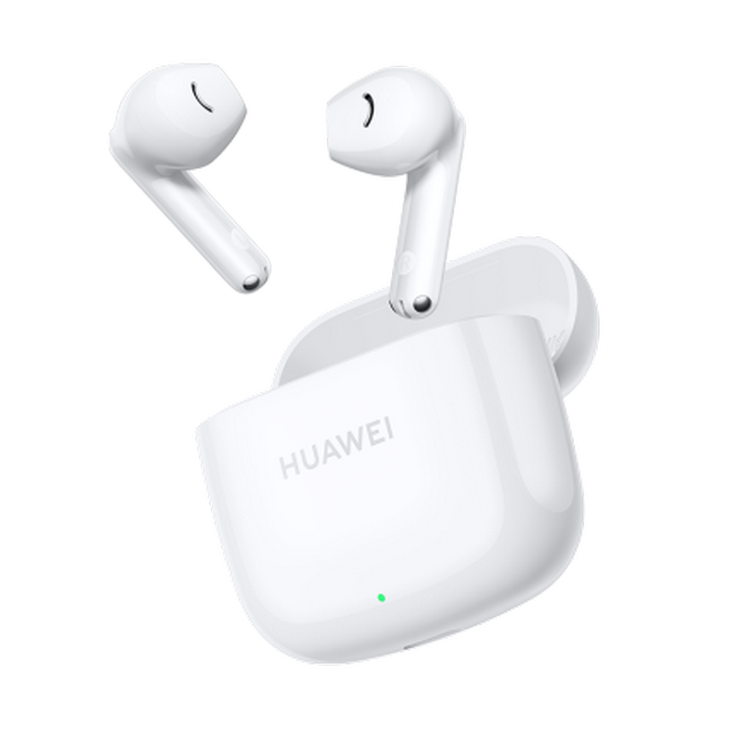 Auriculares inalámbricos blancos y estuche de carga. Fondo negro.
