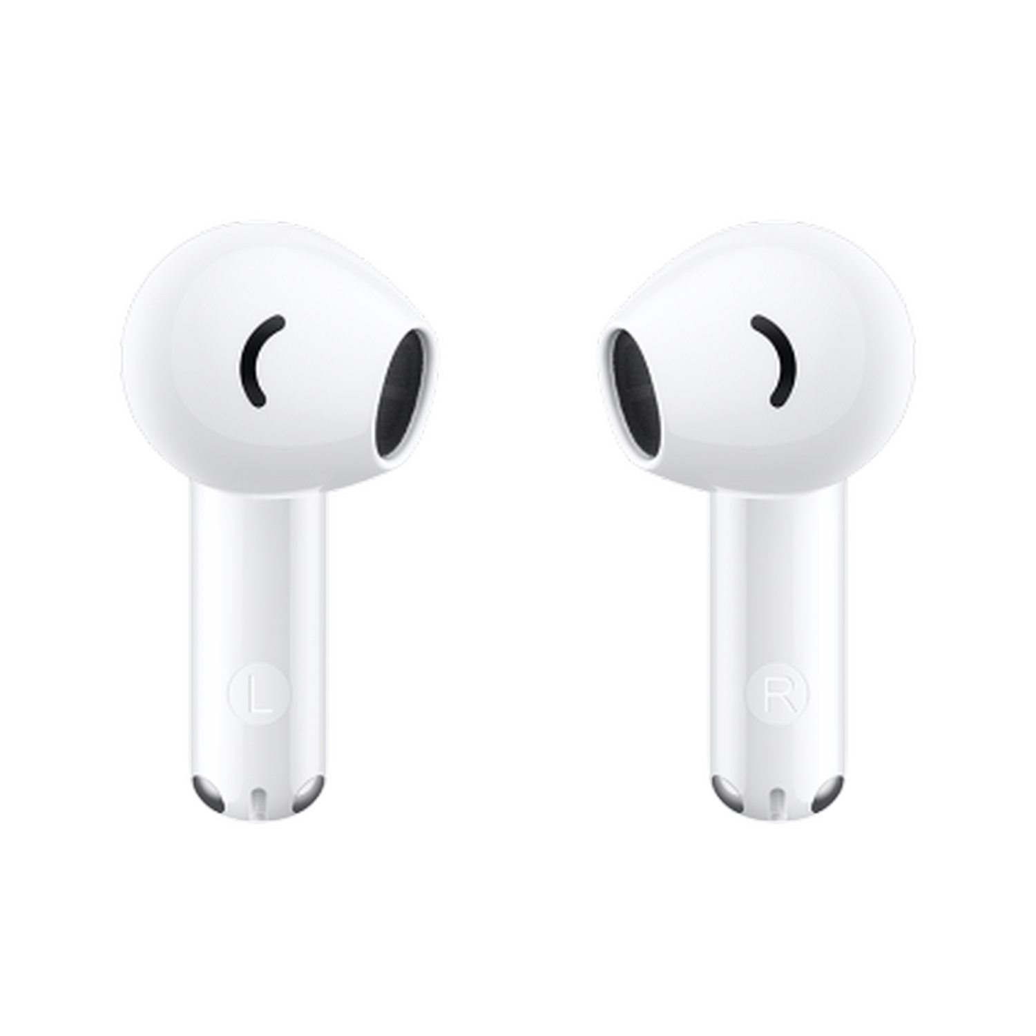 Par de auriculares blancos con detalles negros sobre fondo negro.