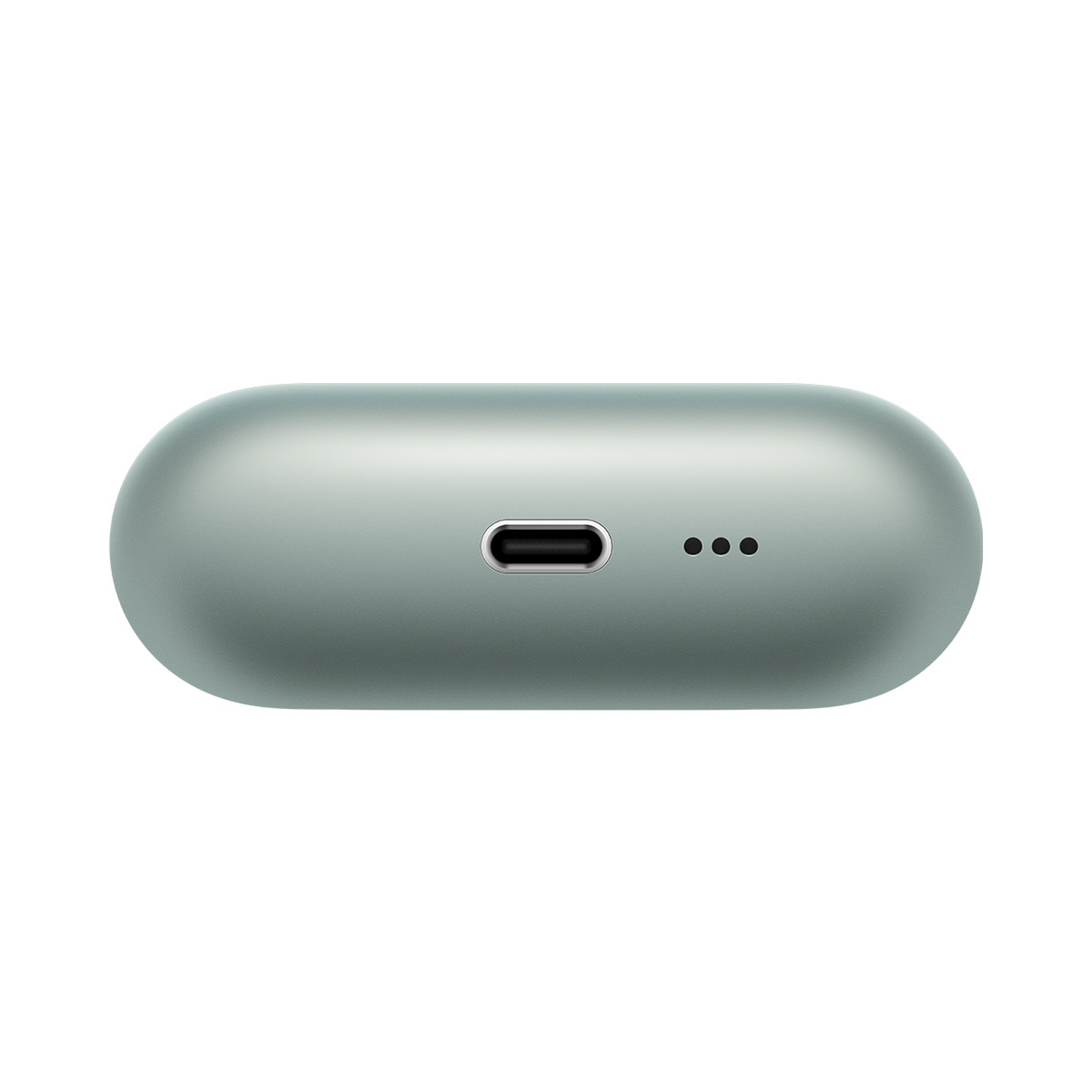 Un estuche de carga verde azulado con puerto USB-C y tres puntos.