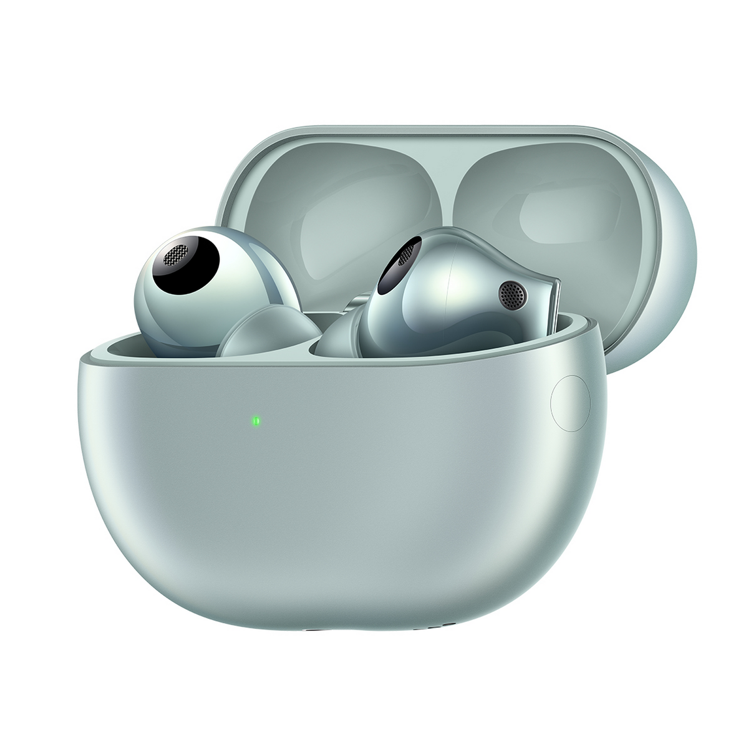 Par de auriculares plateados y grises en un estuche de carga gris claro, sobre blanco.