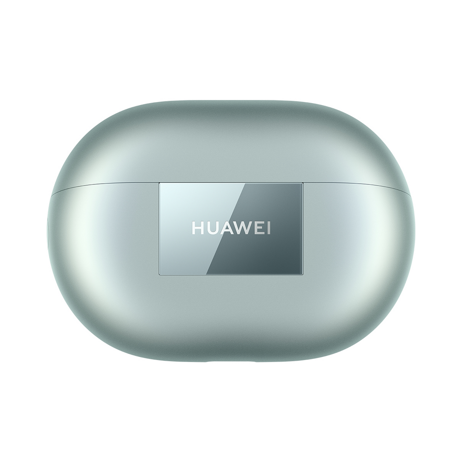 Funda plateada ovalada de auriculares Huawei. Superficie brillante. La palabra 'HUAWEI' está centrada.