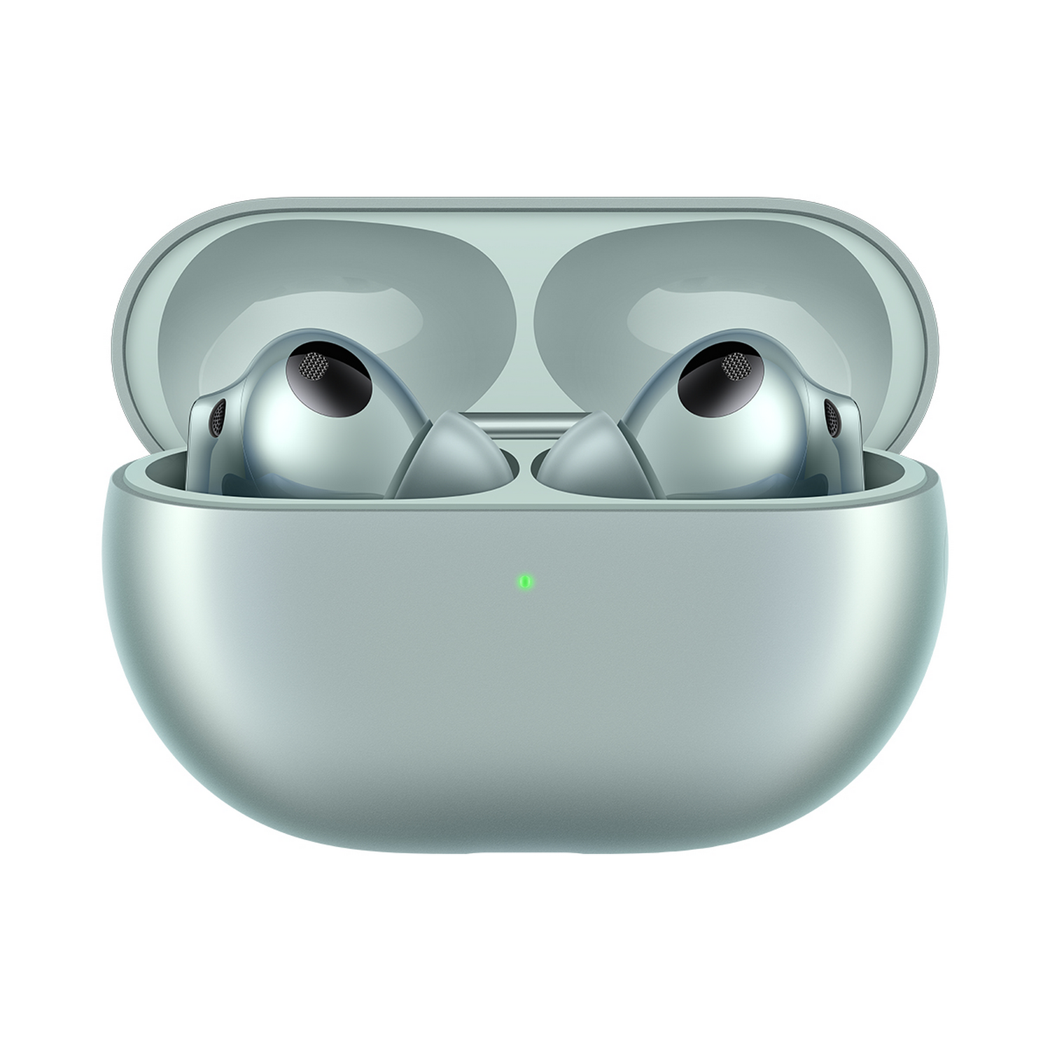Estuche de auriculares abierto con dos auriculares dentro, estuche verde claro sobre fondo blanco.