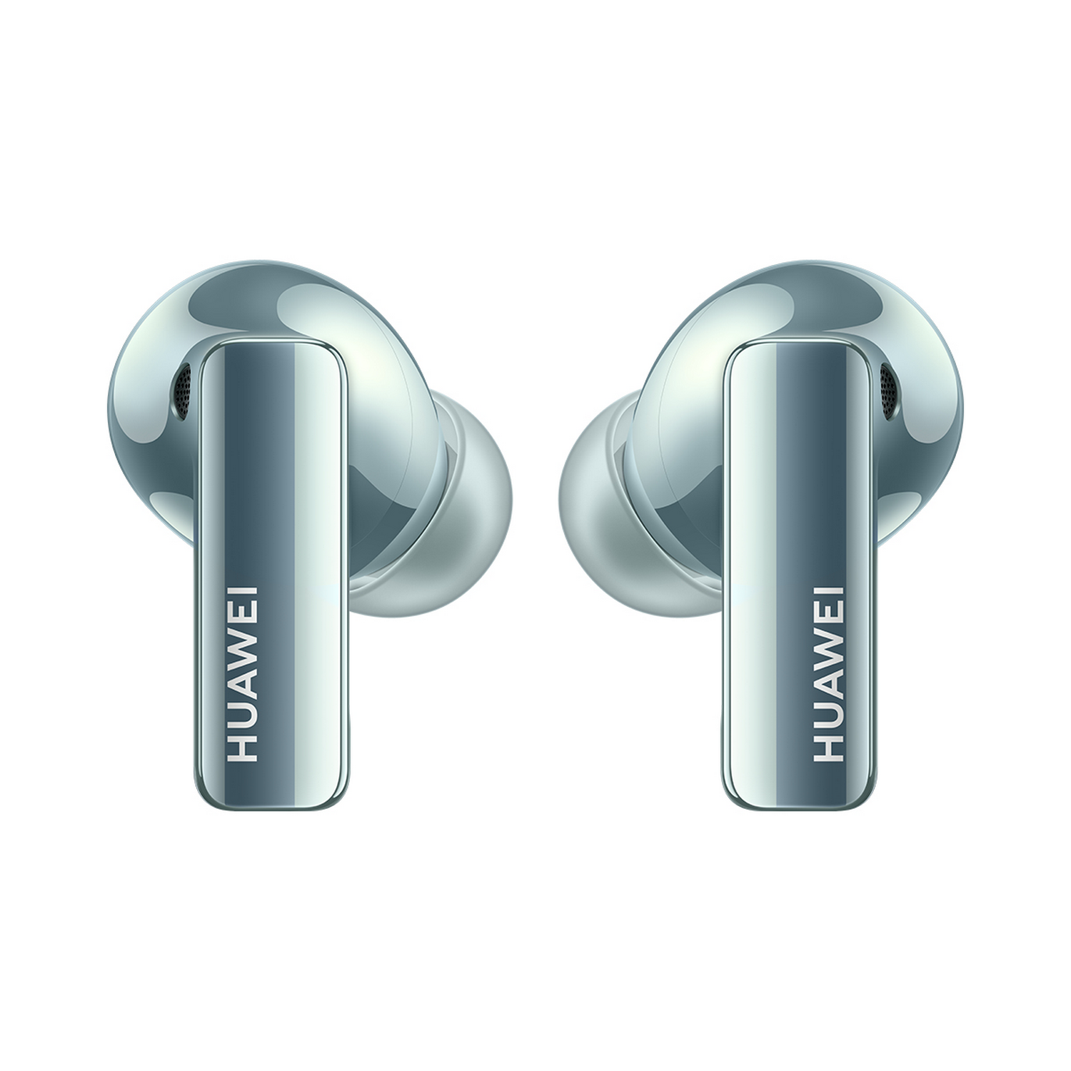 Auriculares plateados con detalles negros, fondo blanco.