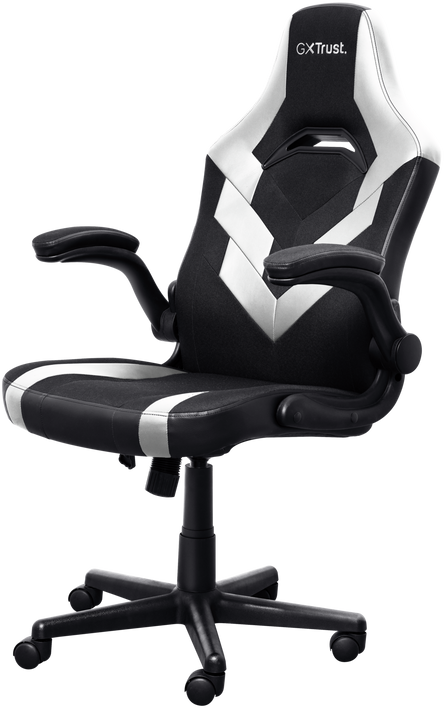 Egy fekete-fehér gamer szék karfákkal és kerekekkel. A szék modern dizájnnal rendelkezik.