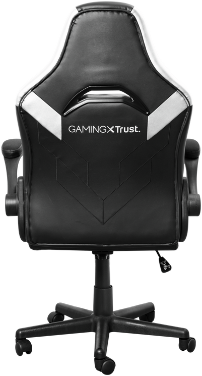 Fekete-ezüst gaming szék hátulról. A széken GamingXTrust logó látható.