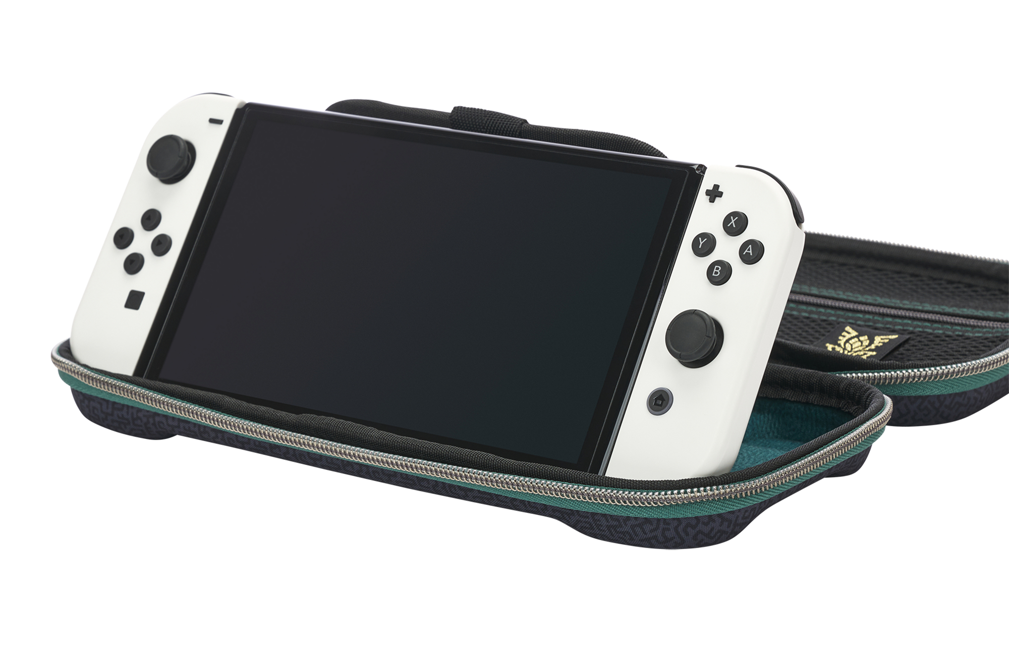 Nintendo Switch OLED in einem Gehäuse. Die Konsole ist weiß mit schwarzem Bildschirm. Das Gehäuse ist schwarz mit grünen Akzenten.