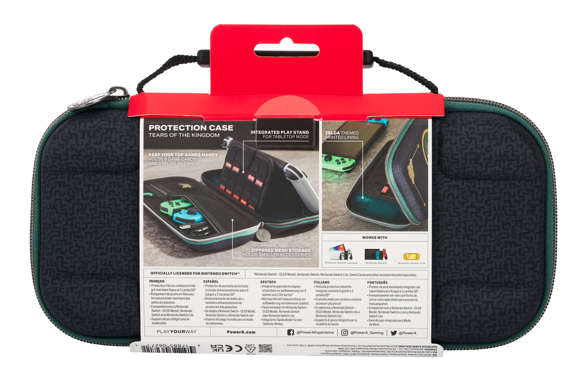 Eine Hülle für Nintendo Switch. Die Hülle hat einen roten Griff und einen schwarzen Reißverschluss. Sie hat ein Zelda-Design.