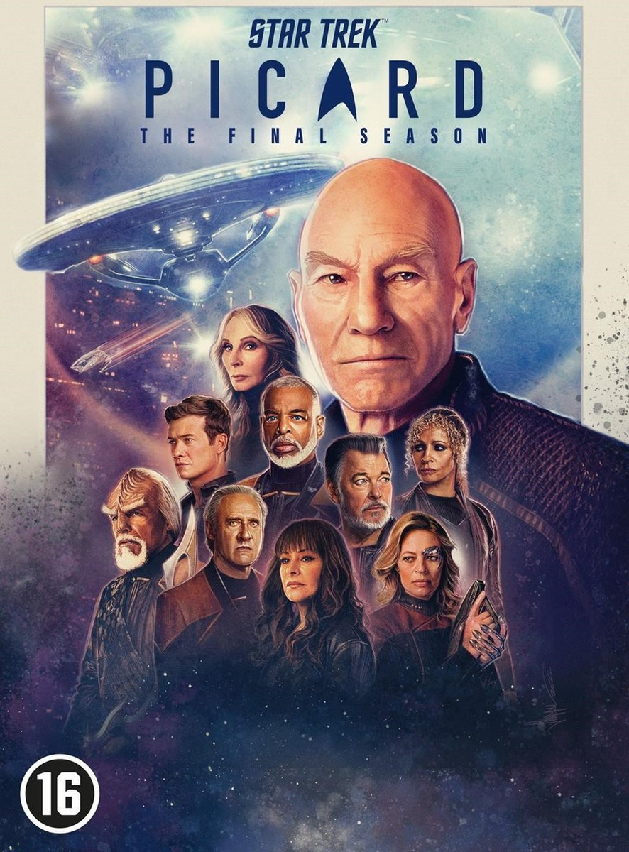 Couverture DVD de la saison finale de Star Trek Picard, avec les acteurs et un vaisseau spatial. Fond violet et bleu.