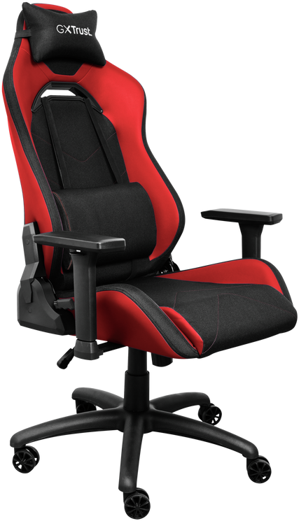 Egy piros-fekete gamer szék karfákkal és fejtámlával. A háttér fekete.
