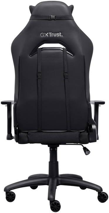 Fekete gamer szék, hátulról nézve. 'GXTrust.' logóval, pántokkal és kerekekkel. Fekete, ergonomikus design.
