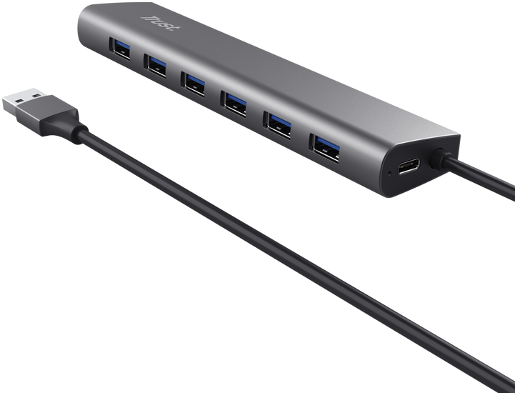 Szürke USB-elosztó, hét porttal és kábellel. A Trust logója látható.