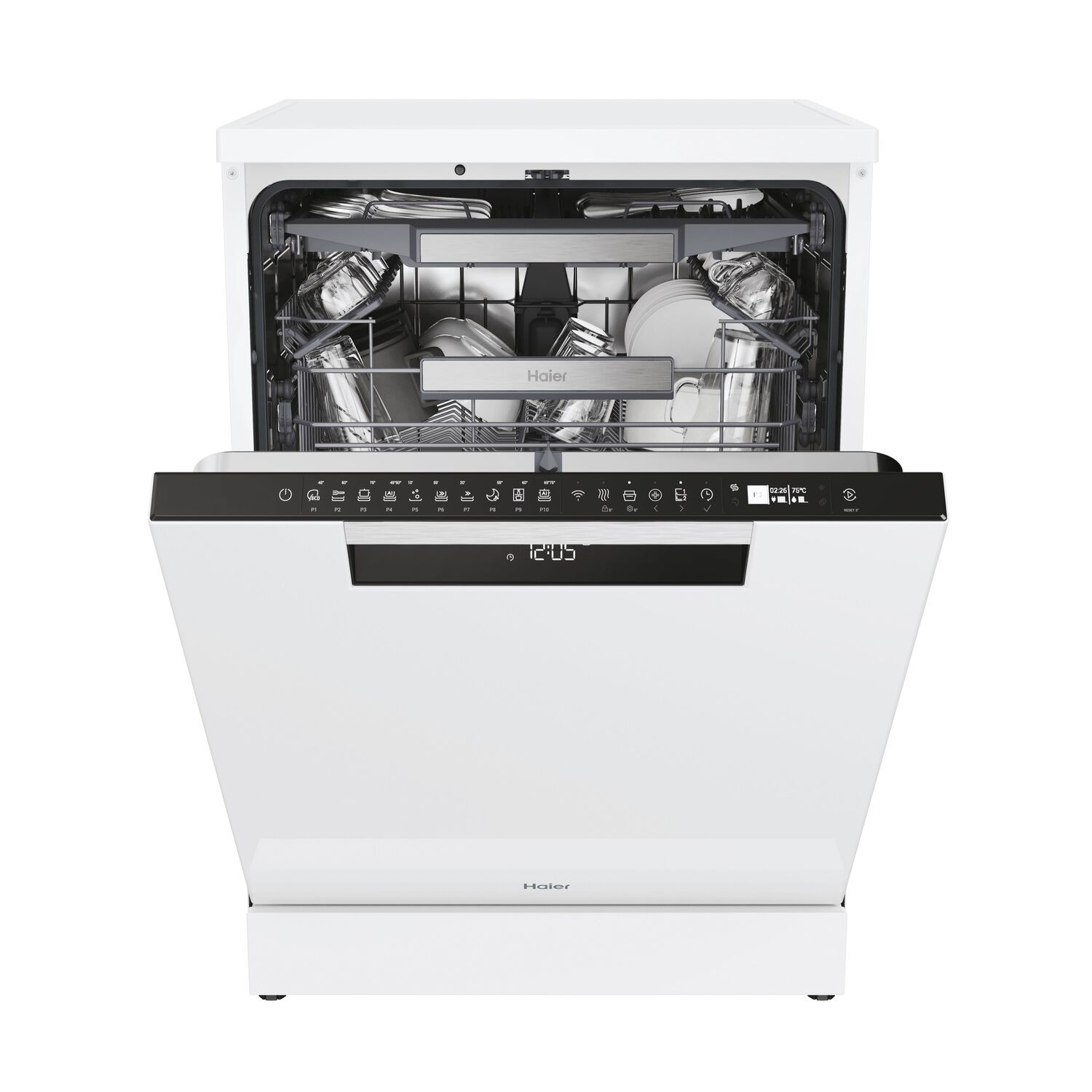 Lavavajillas Haier blanco con la puerta abierta. Interior con platos, controles y pantalla.