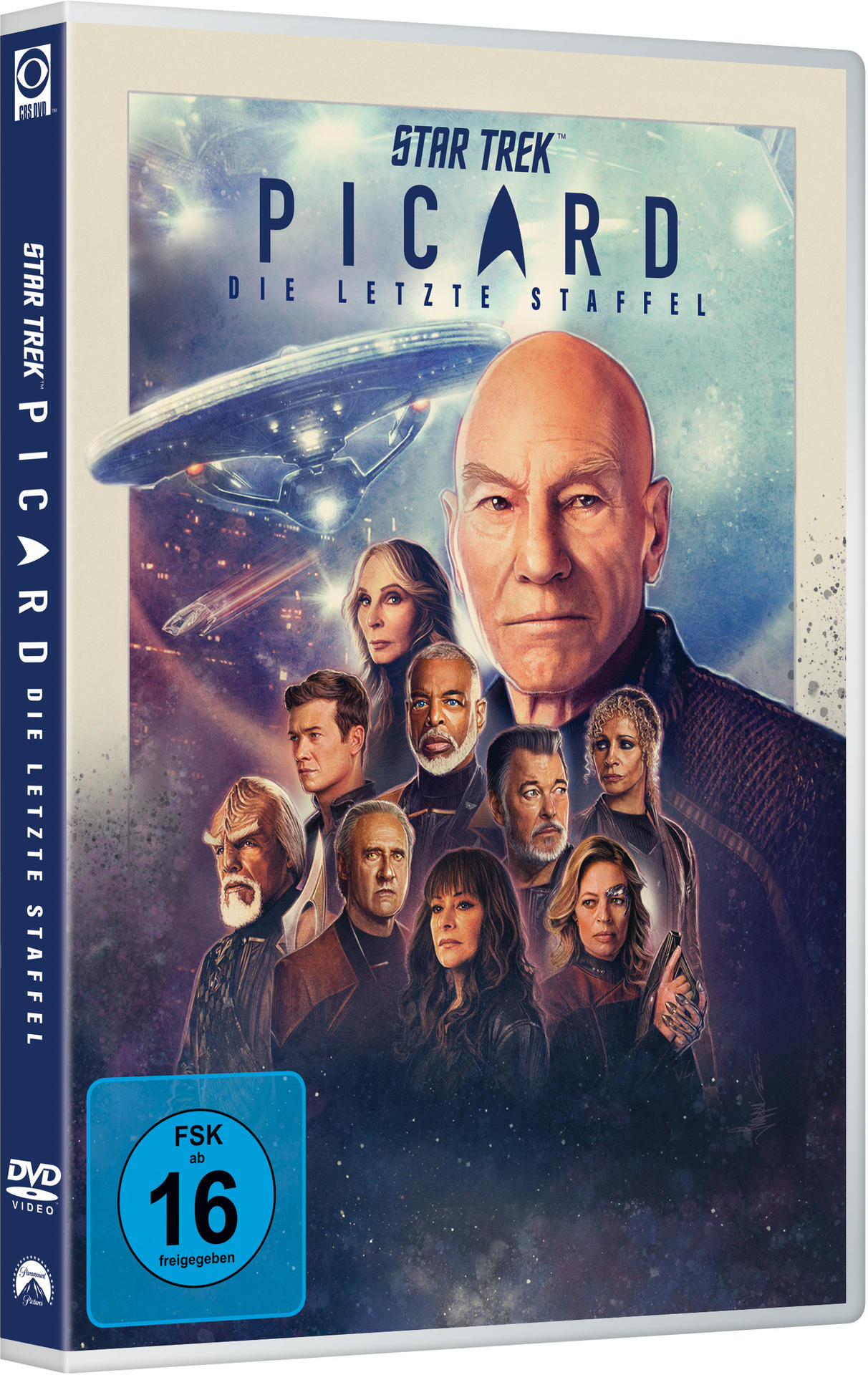 DVD-Box für Star Trek Picard. Es zeigt eine Gruppe von Leuten und das Schiff im Hintergrund.