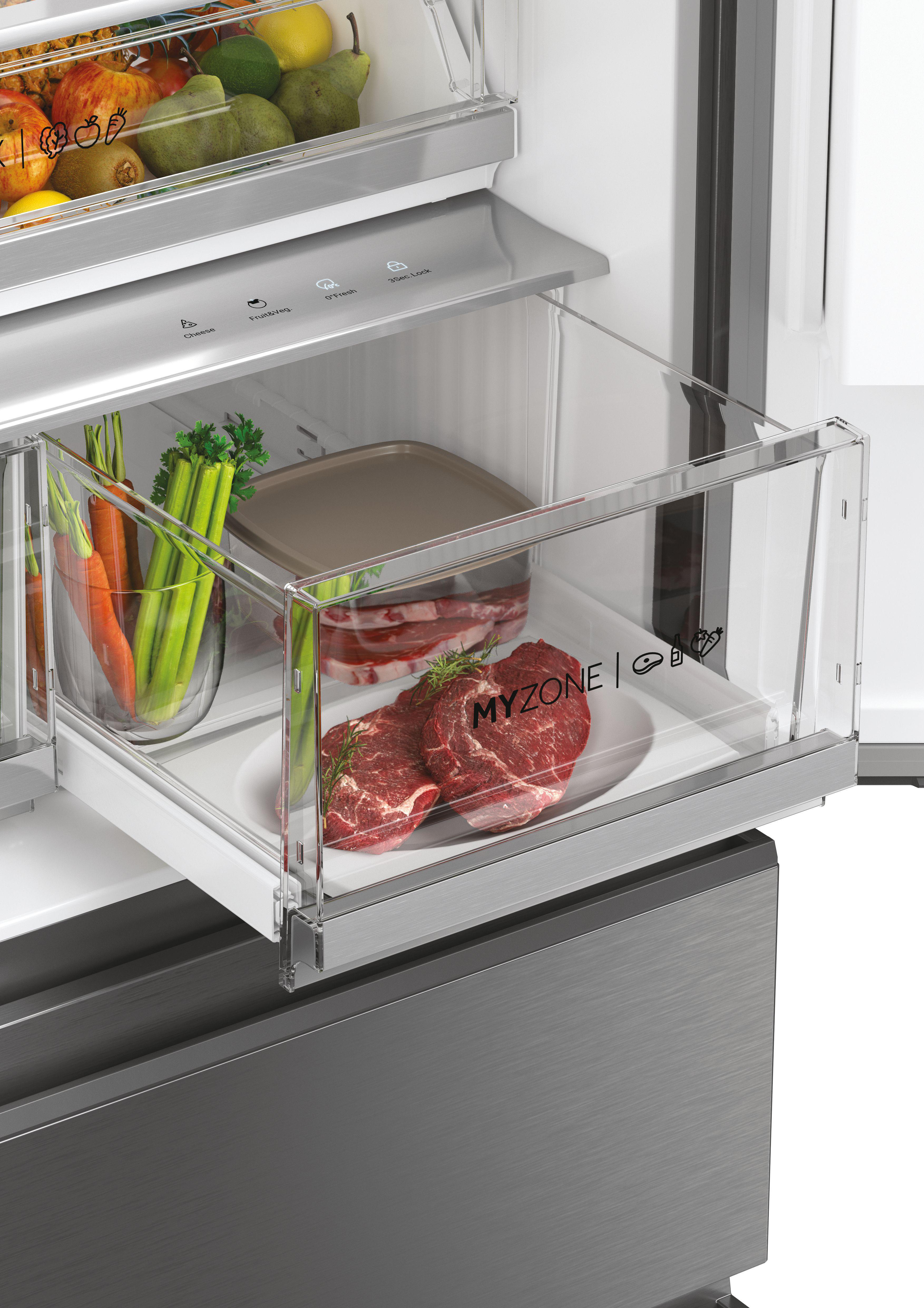 In einer Kühlschublade mit Gemüse, Fleisch und dem Etikett 'MYZONE'. Edelstahl-Finish.