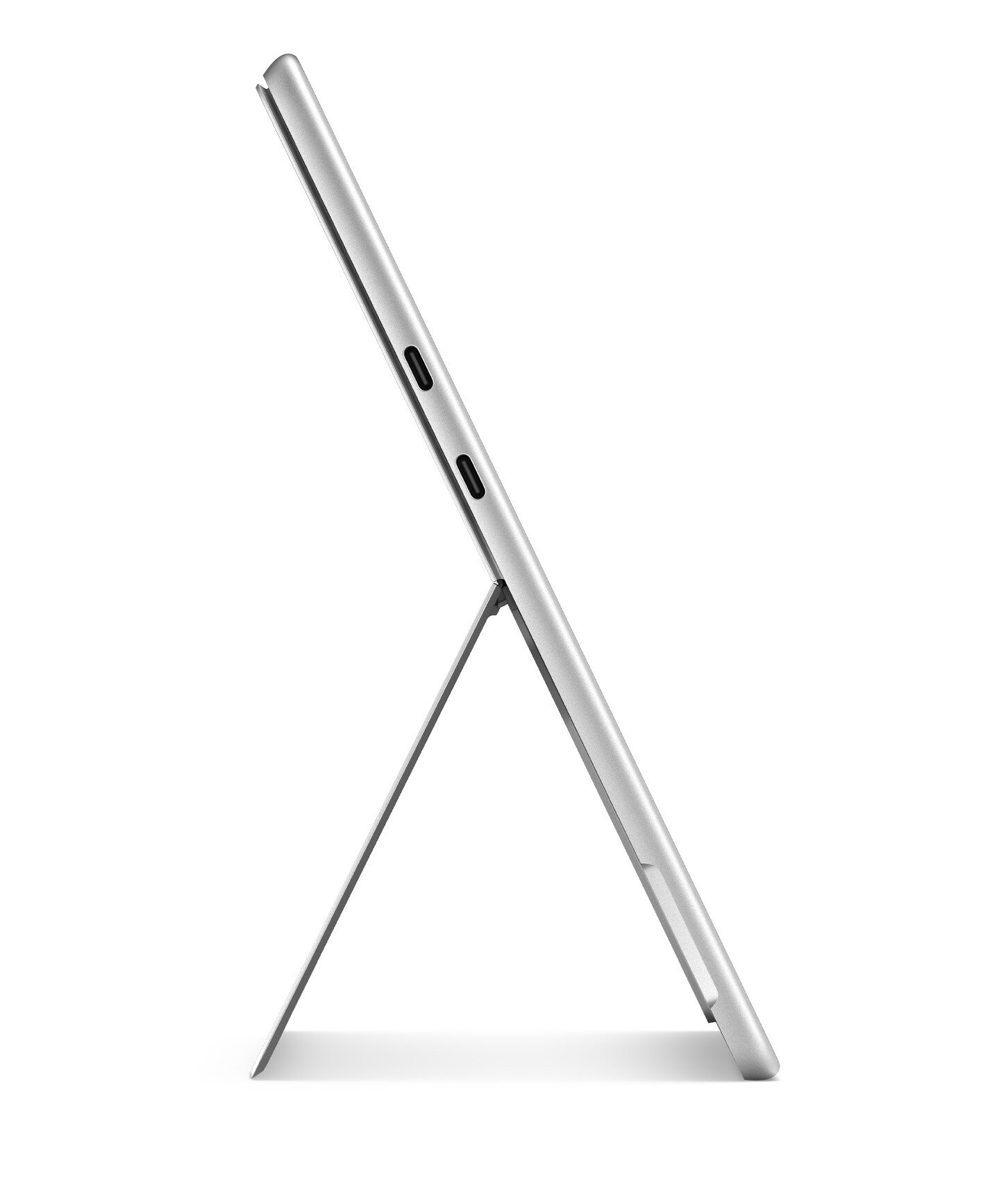 Srebrny tablet podparty podpórką, widok z boku, z białym tłem.