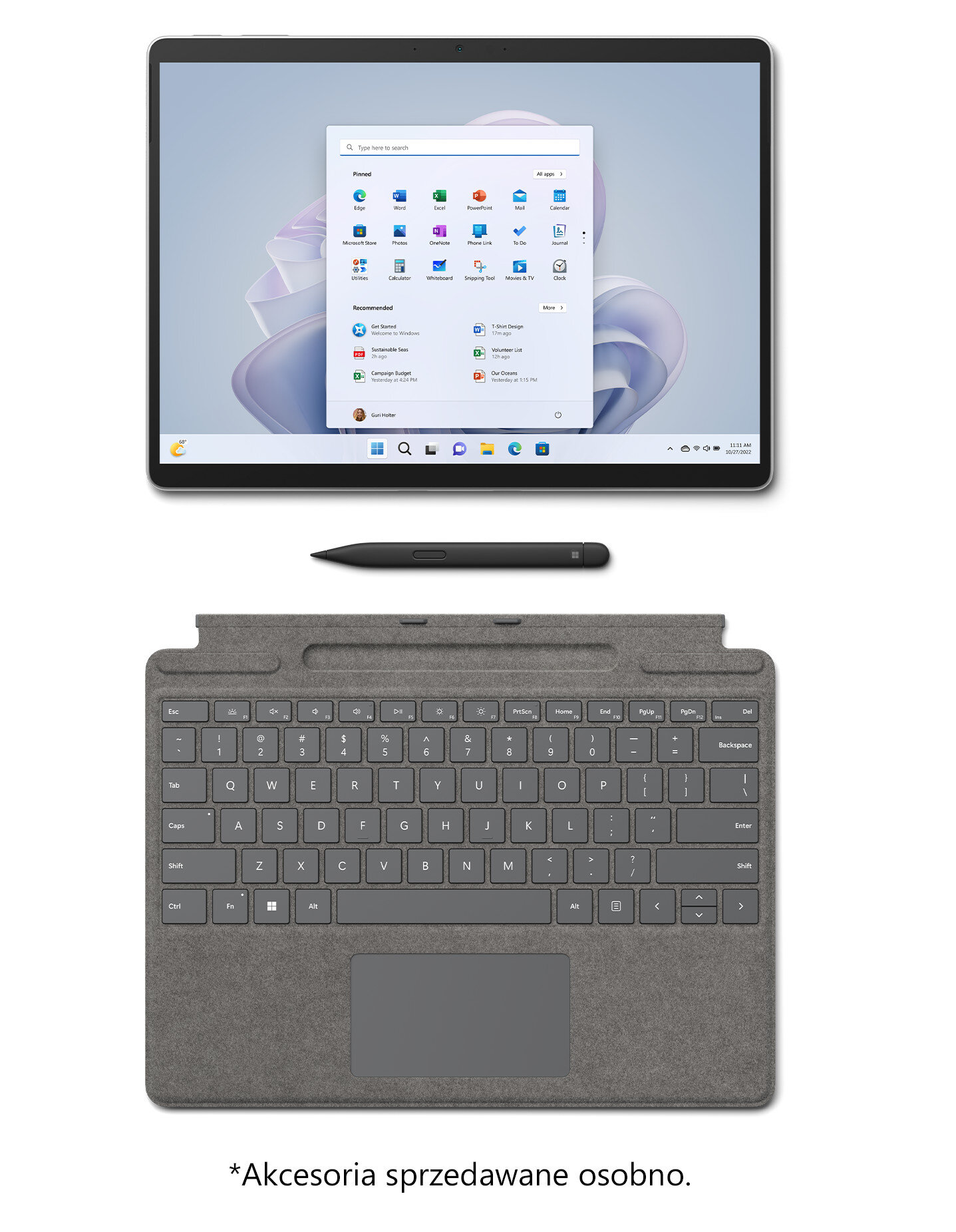 Tablet, klawiatura i rysik. Ekran tabletu pokazuje interfejs Windows 11.