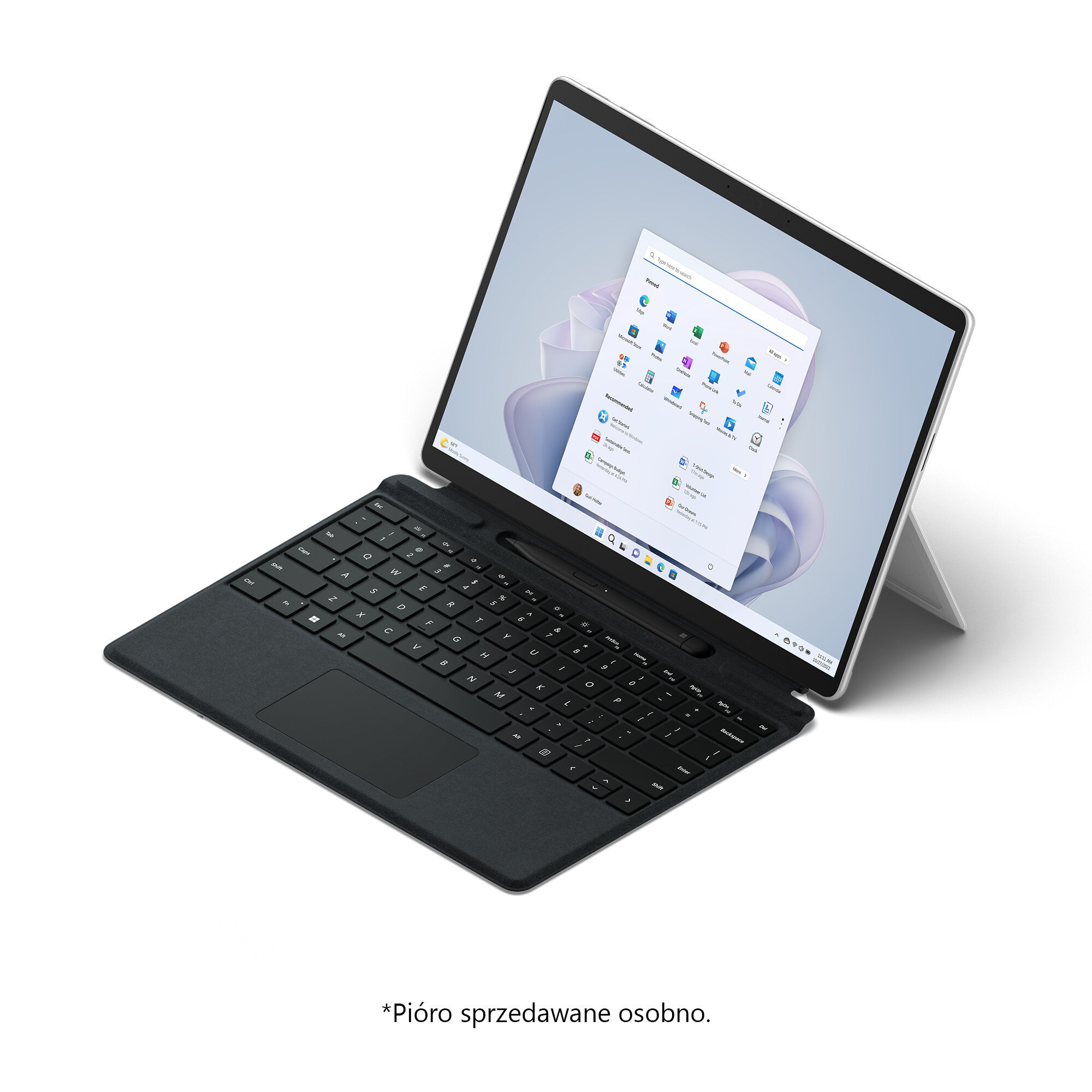 Laptop z klawiaturą i ekranem wyświetlającym interfejs Windows 9, na białym tle.