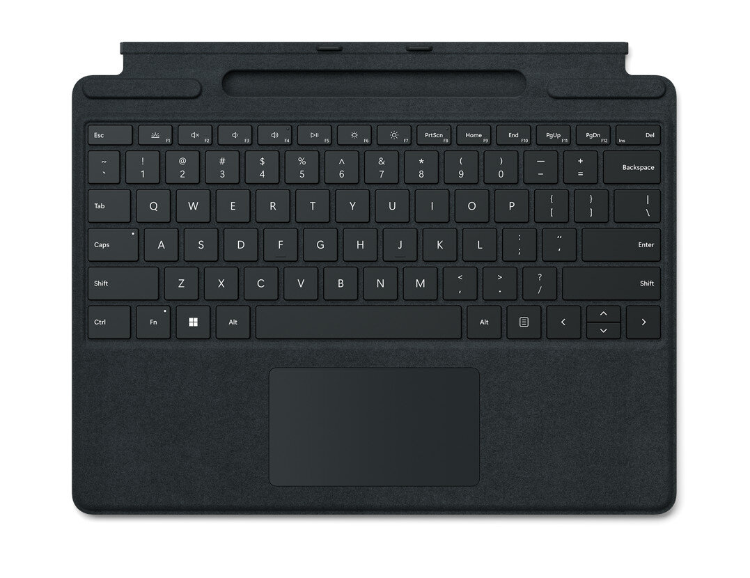 Czarna klawiatura z białymi klawiszami. Układ zawiera litery, cyfry i klawisze funkcyjne. Poniżej znajduje się gładzik.