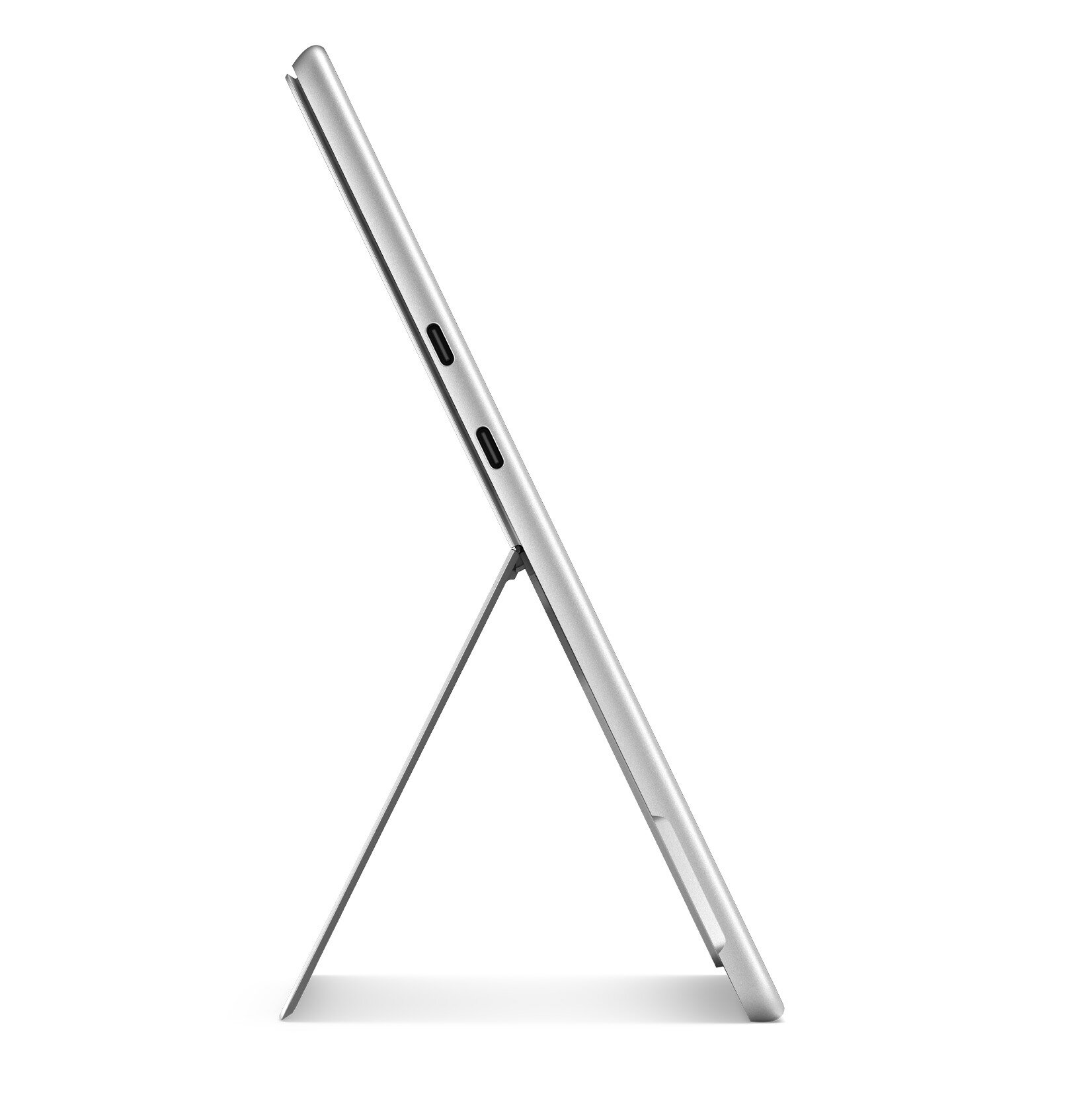Srebrzysty tablet, widok z boku. Podparty podpórką, na białym tle.