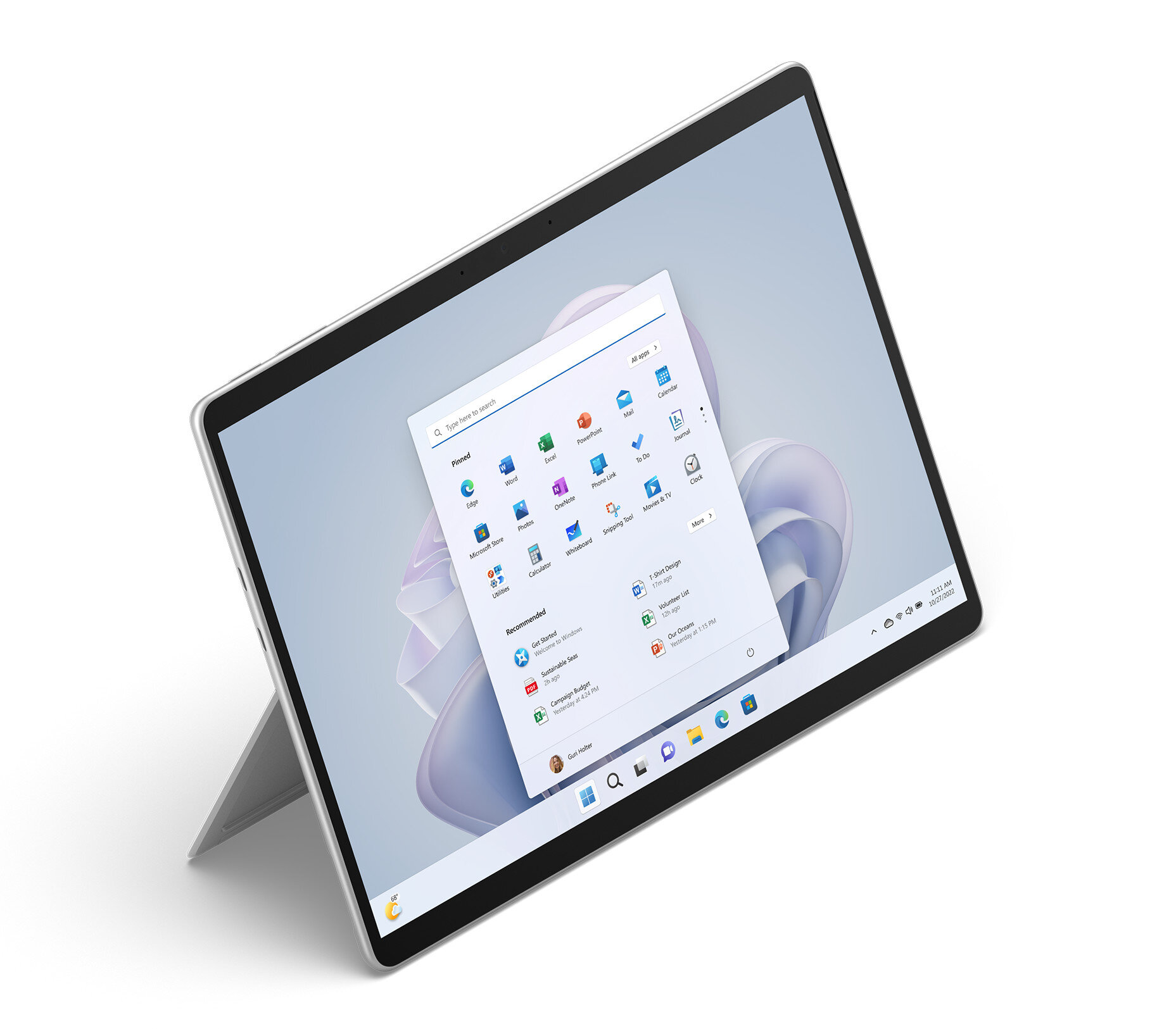 Tablet wyświetlający interfejs Windows 11 z różnymi ikonami aplikacji.