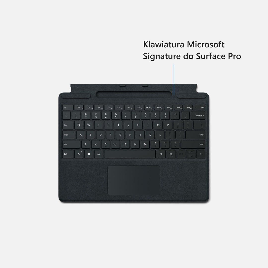 Ciemnoszara klawiatura Microsoft Surface Pro, widok z góry. Zawiera klawisze, touchpad i mocowanie Surface Pro.