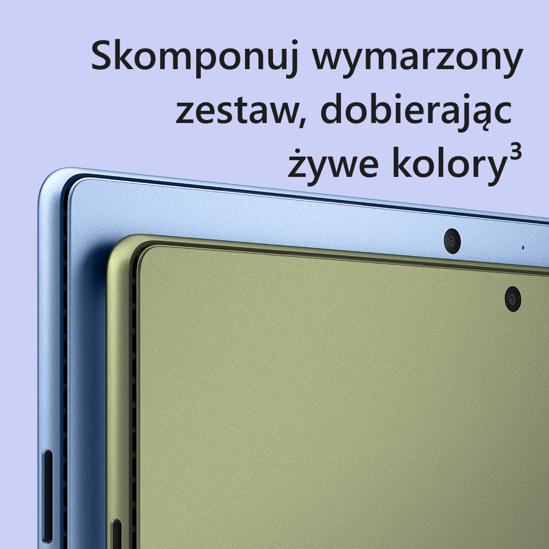 Zbliżenie dwóch laptopów, jednego niebieskiego i jednego zielonego. Design jest nowoczesny.