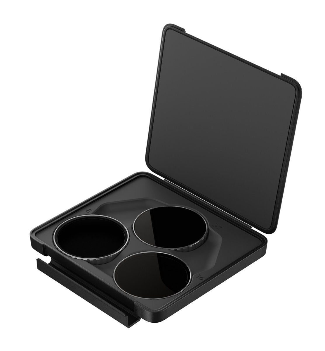 Czarny zestaw filtrów w czarnym etui. Okrągłe filtry.