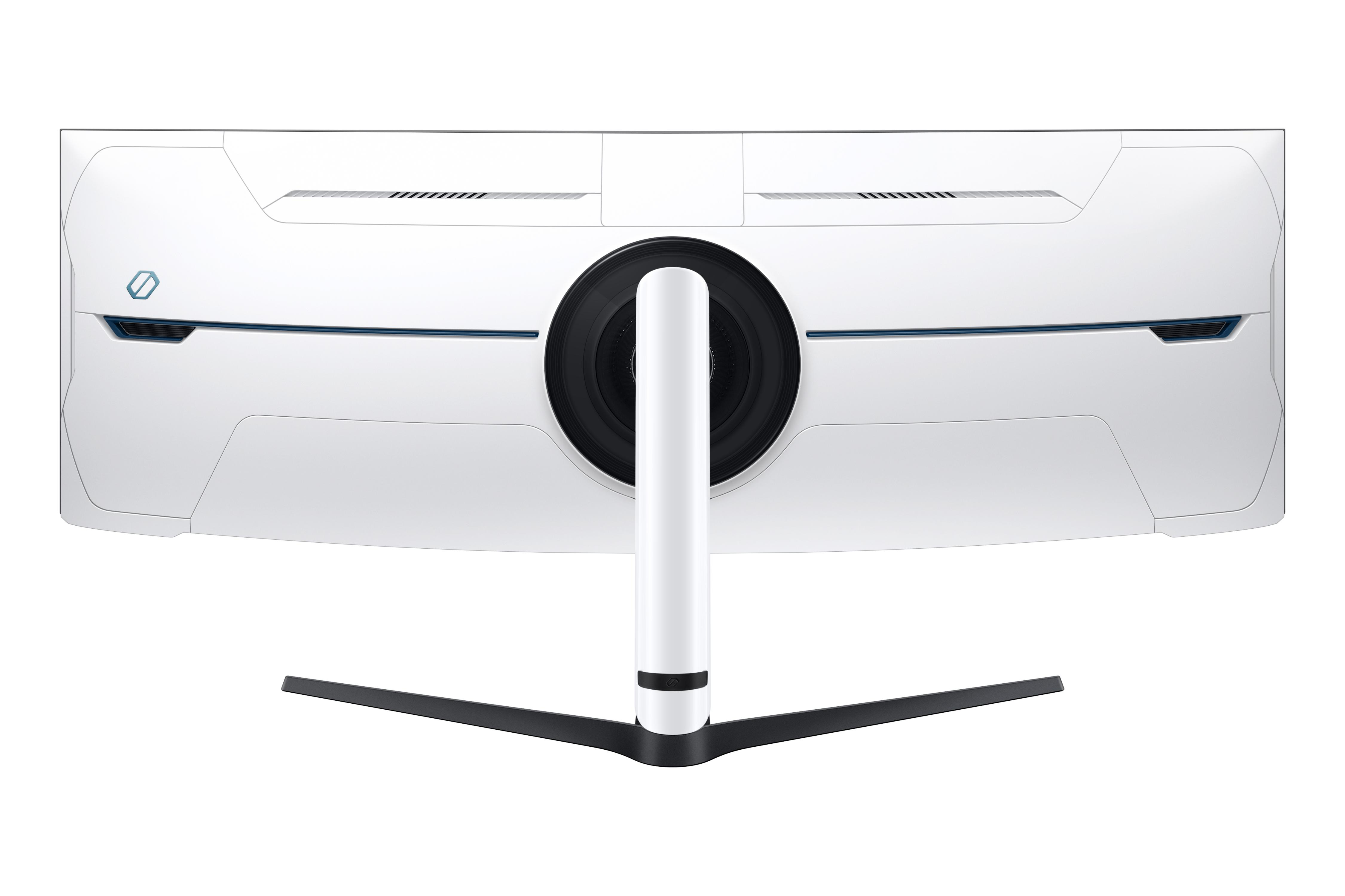 Weißer, gebogener Computermonitor mit schwarzem Ständer. Die Rückseite hat ein Samsung-Logo.