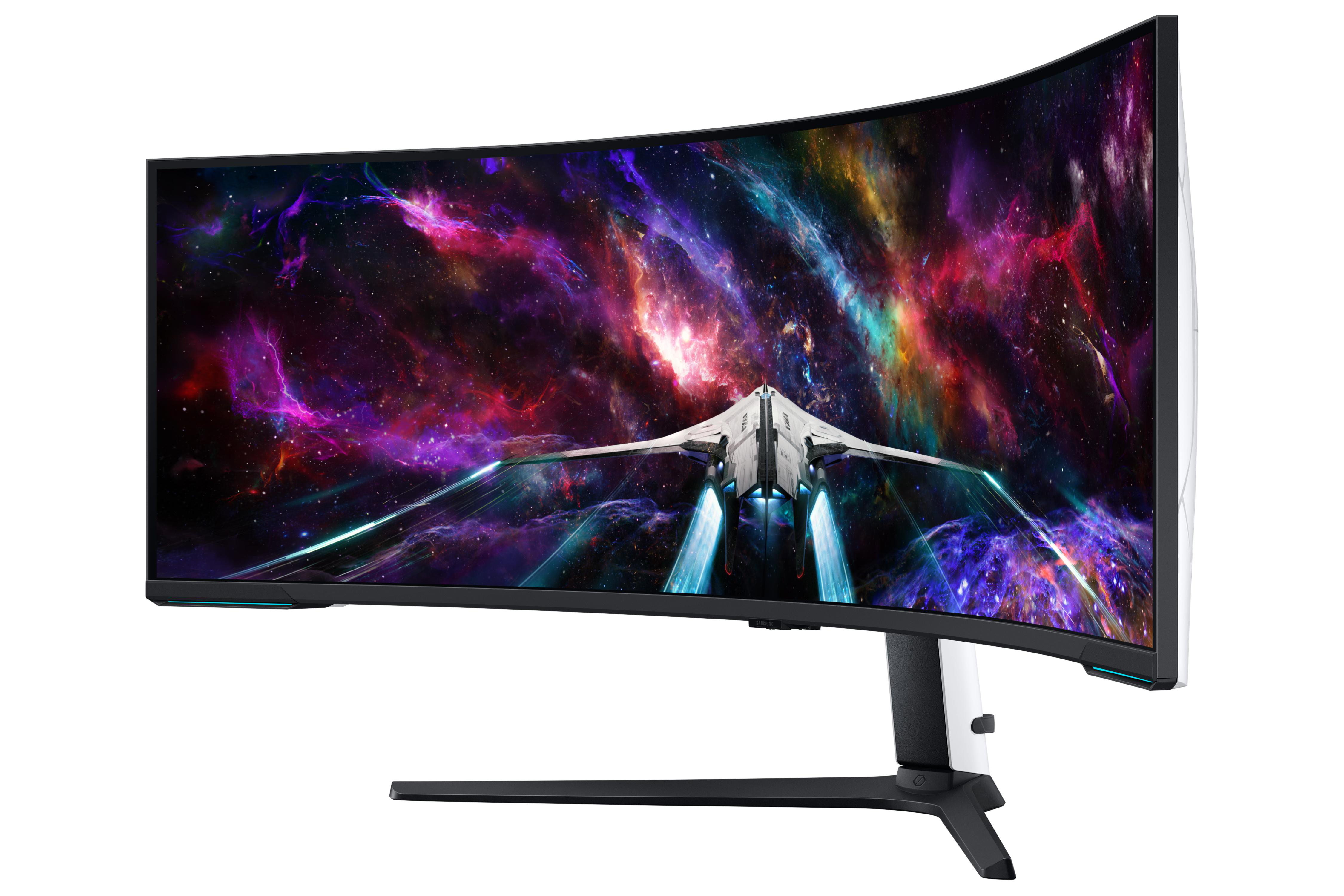 Gebogener Computermonitor, der eine Galaxieszene mit einem Raumschiff in der Mitte zeigt.