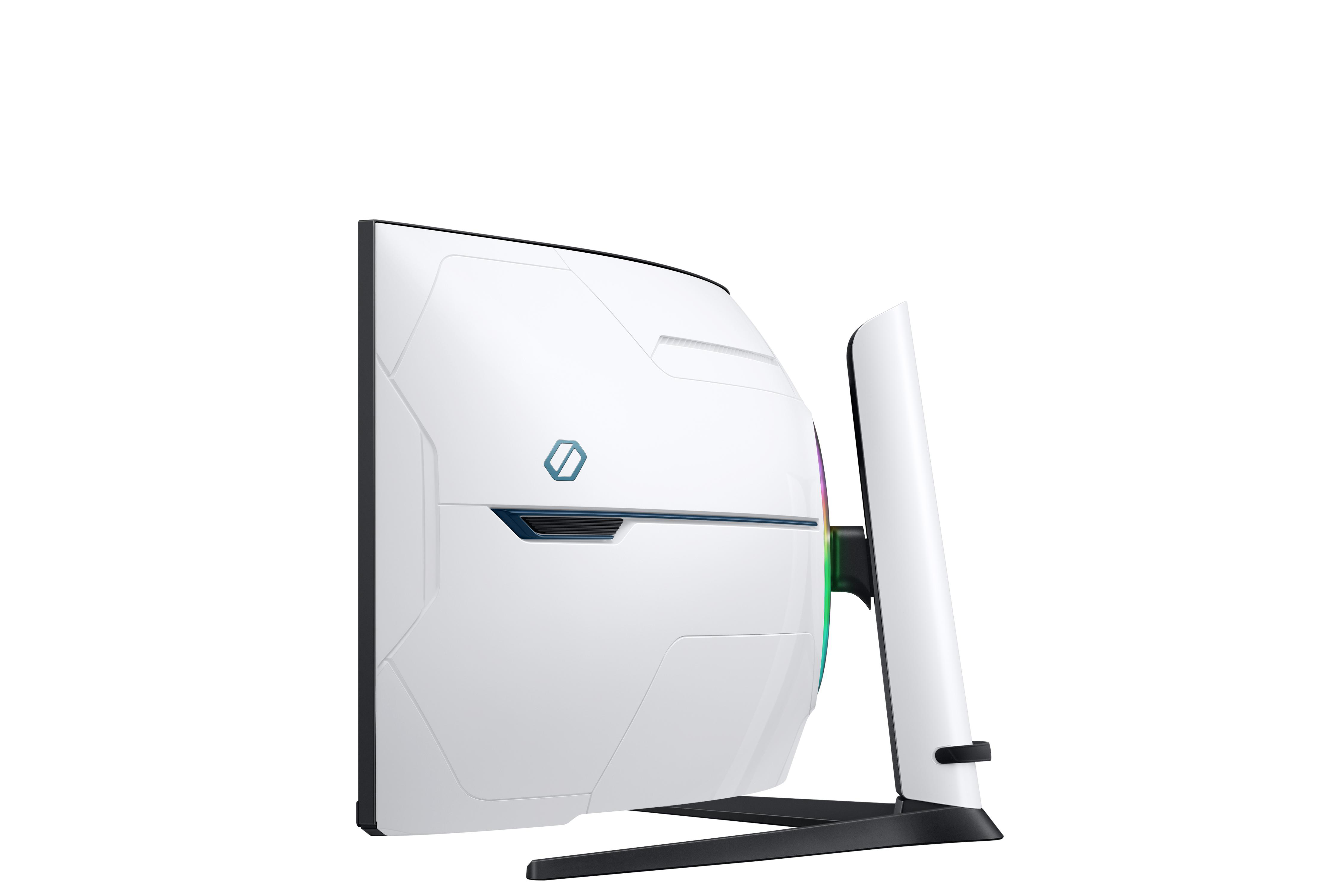 Weißer, gebogener Monitor mit Logo auf der Rückseite. Der Monitor hat einen schwarzen Ständer.