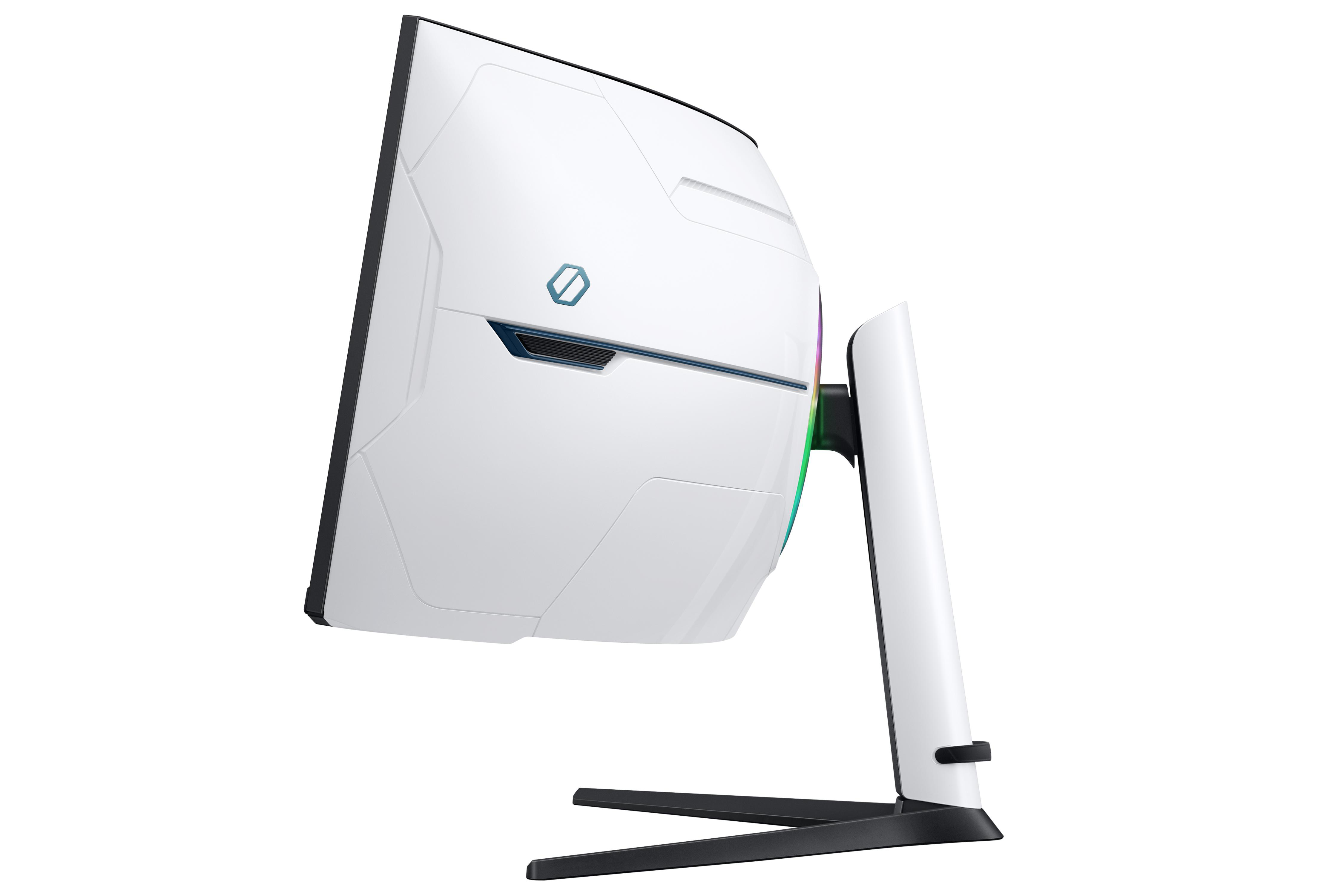 Weißer, gewölbter Monitor, Seitenansicht, mit schwarzem Ständer, weißer Hintergrund.
