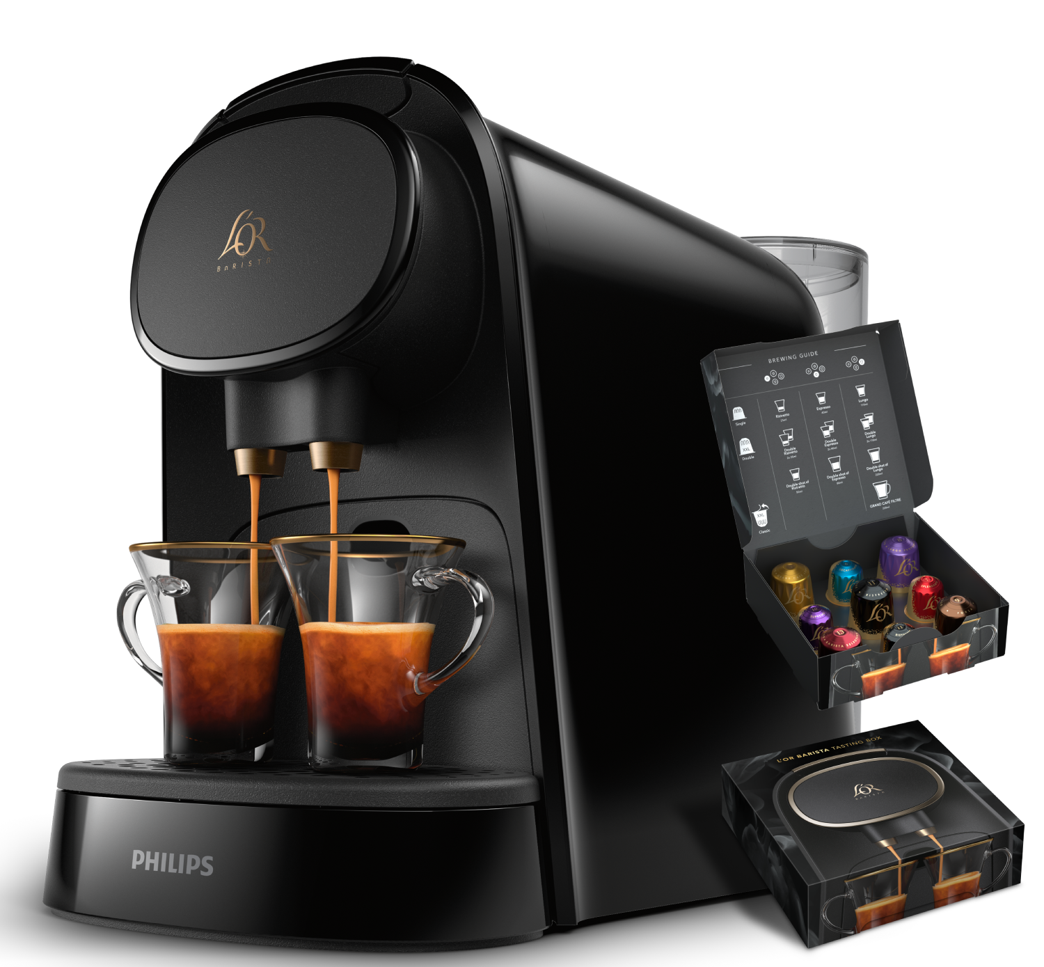 Cafetera negra Philips L'Or Barista con dos vasos de café y cápsulas.