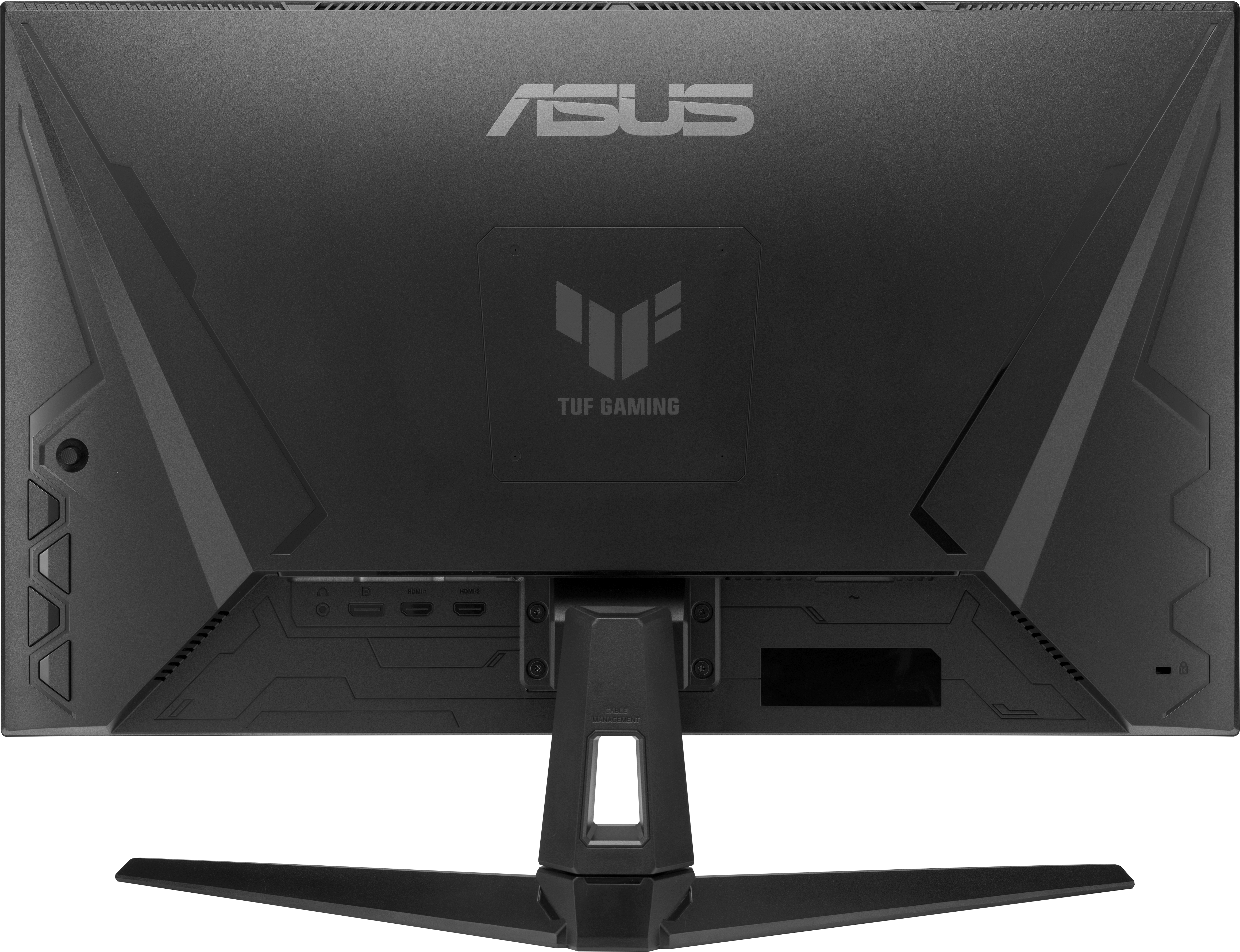 Arrière d'un moniteur ASUS noir avec le logo de la marque et les ports de connexion.