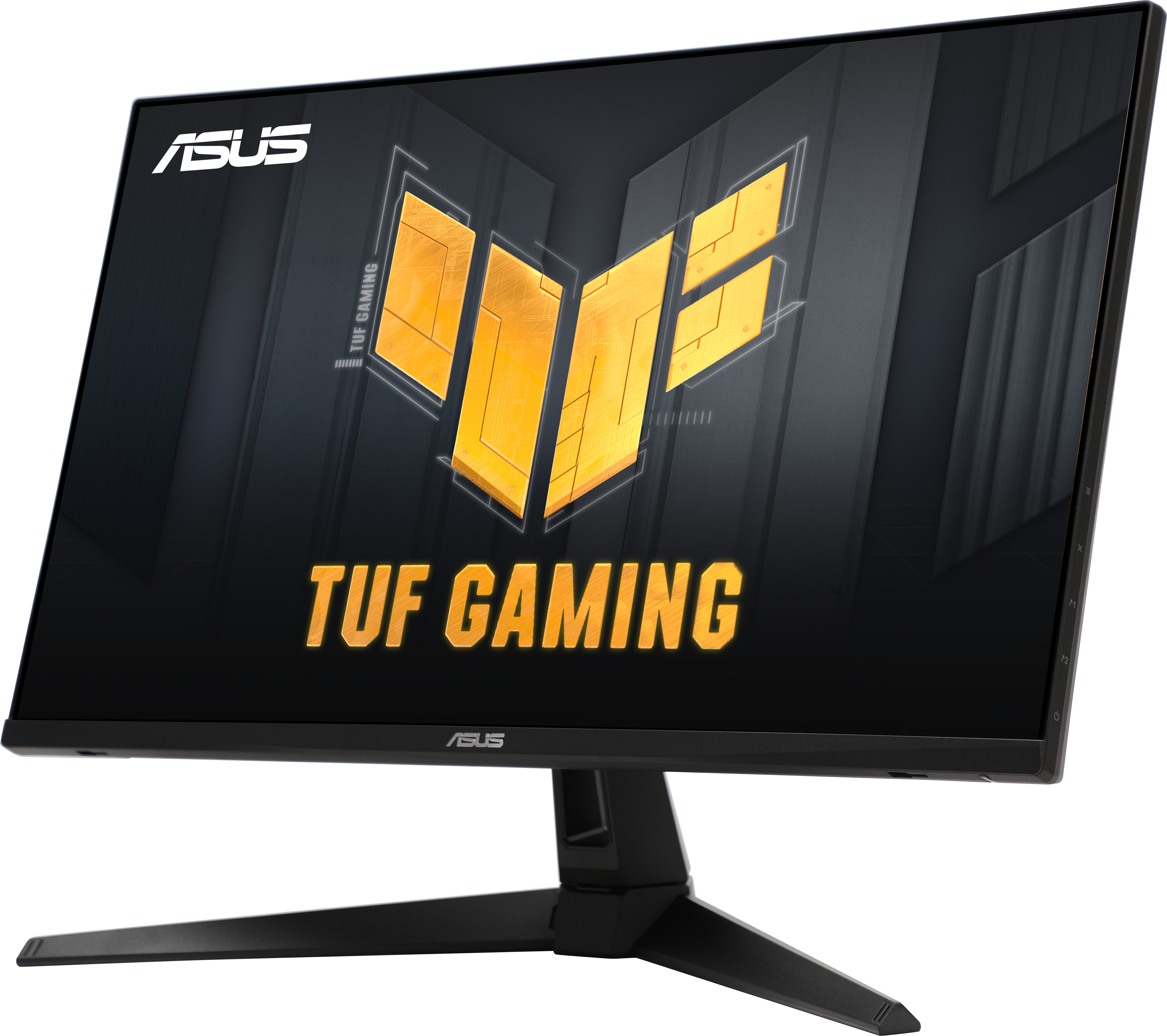 Un moniteur ASUS TUF Gaming affichant un logo. Le moniteur a une base et un cadre noirs, inclinés.