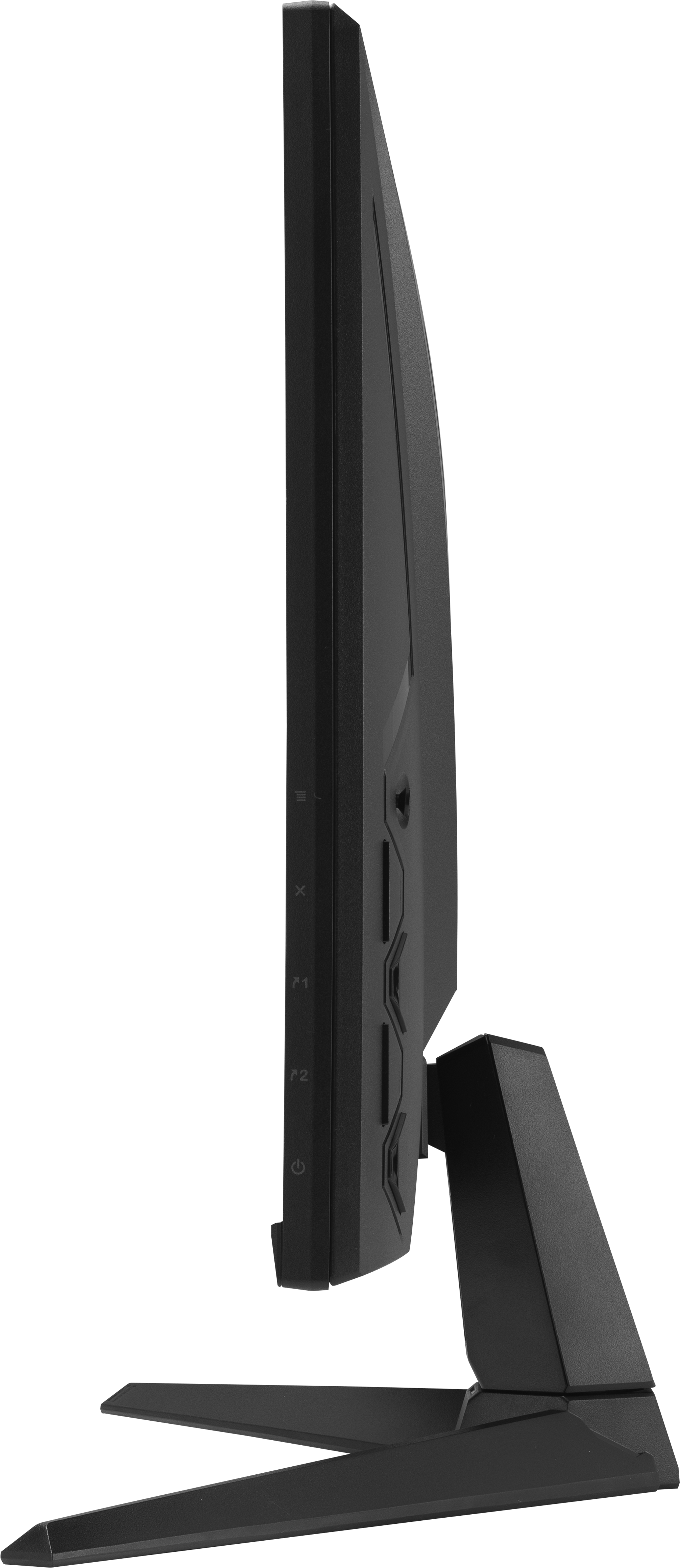 Vue latérale d'un moniteur d'ordinateur noir avec support, plusieurs ports sont visibles sur le côté.