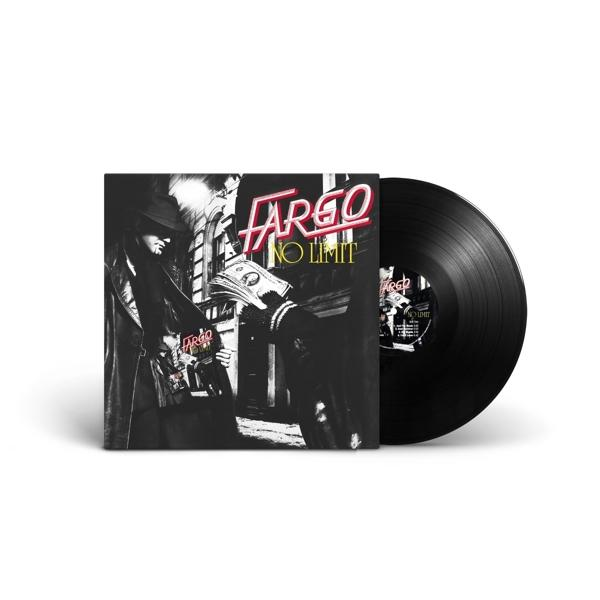 Schwarze Schallplatte und Cover mit dem Titel Fargo No Limit. Zwei Figuren im Film-Noir-Stil.