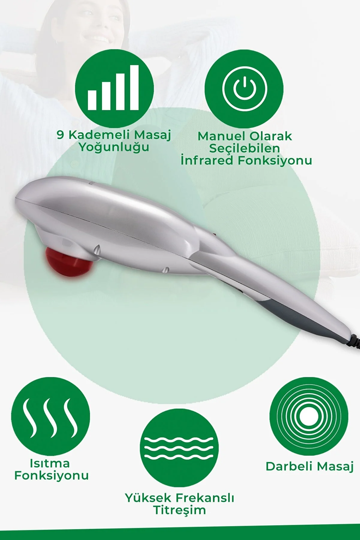 Gümüş masaj aleti. Kırmızı kısım ve dört simge etrafında gösteriliyor.