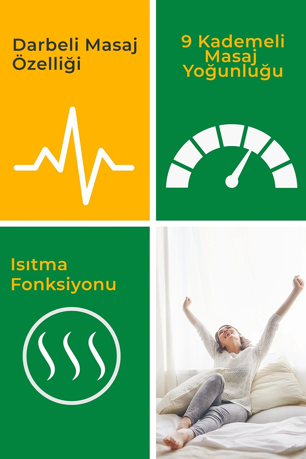 Yatakta gerinen kadın, masaj özelliği, yoğunluk seviyeleri ve ısıtma simgeleri.