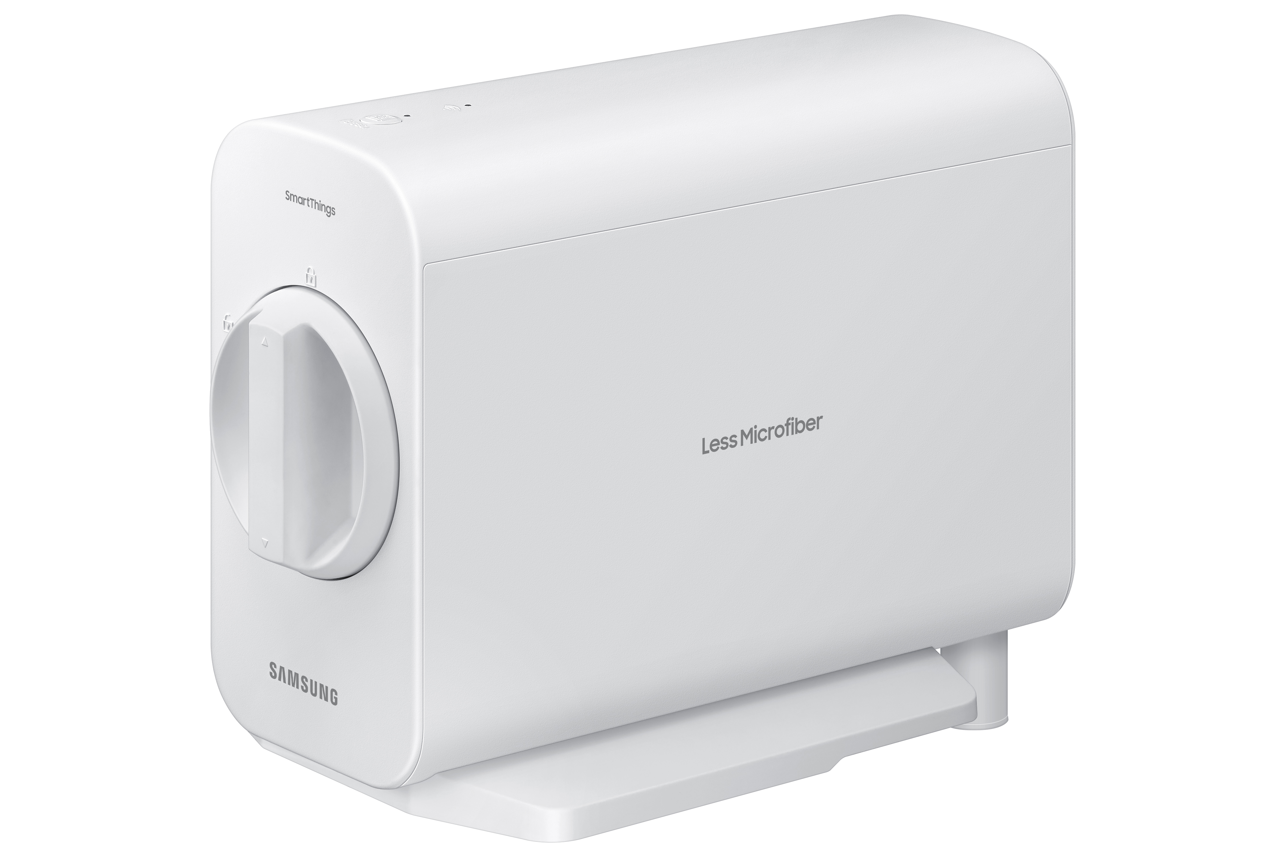 Beyaz bir SmartThings cihazı, bir kadran ve 'Less Microfiber' metni.