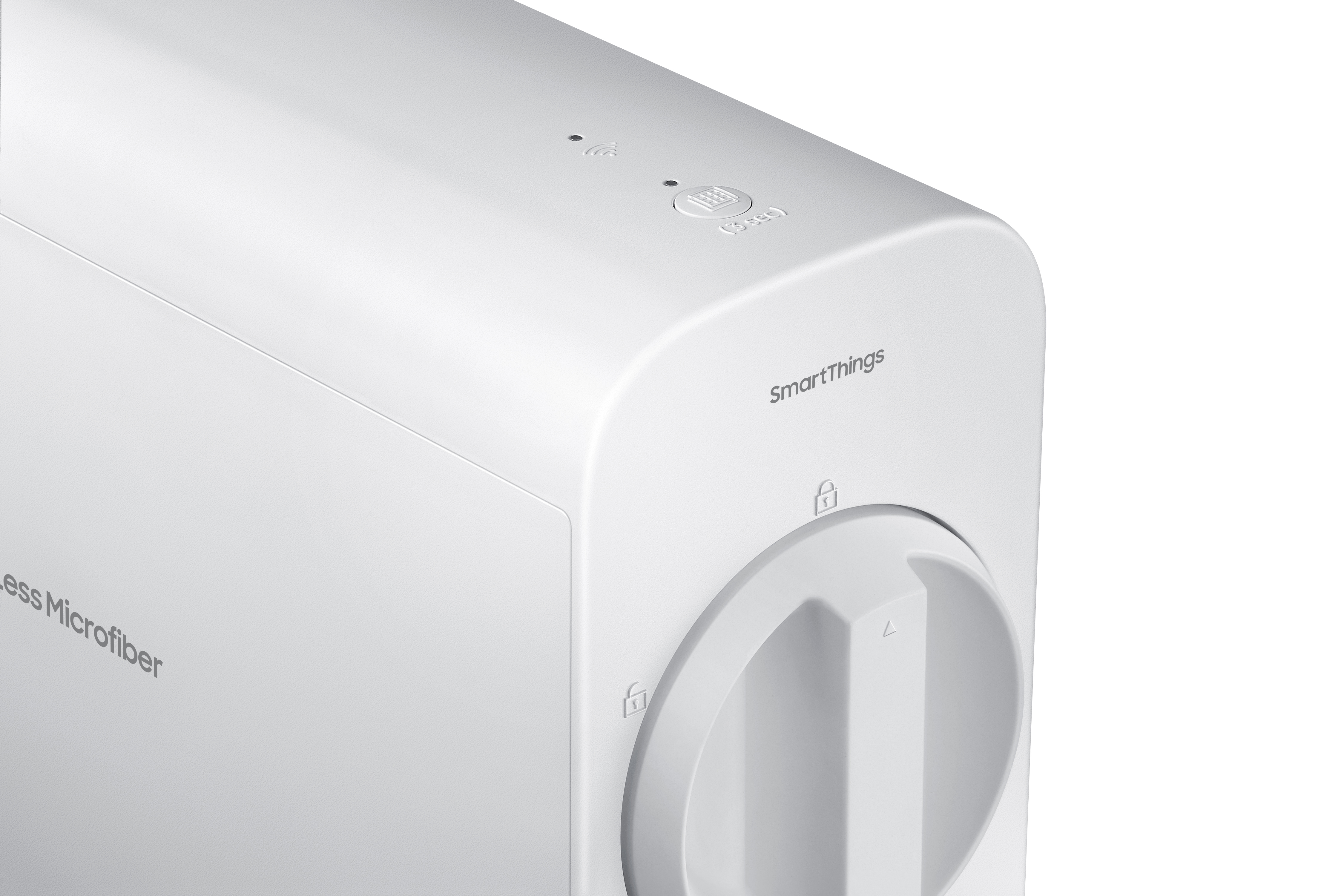 SmartThings logosu ve düğmeleri olan beyaz cihaz köşesi. Kilit ve güç sembolleri de görünür.