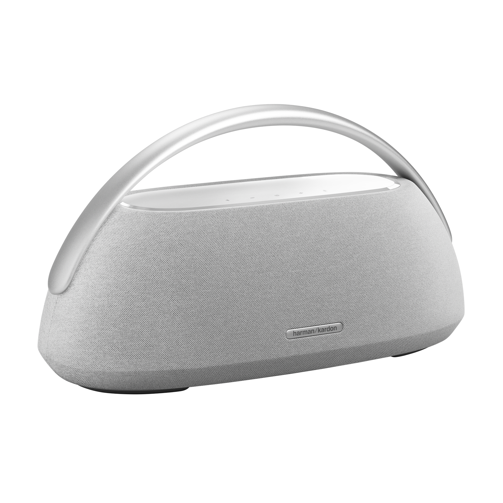 Gümüş renkli bir tutamağa sahip gri bir Harman Kardon hoparlör, siyah bir arka plan üzerinde.