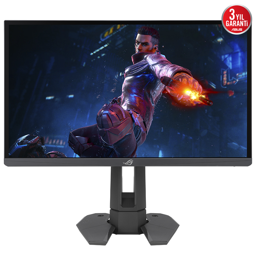 Adamın olduğu bir oyun sahnesi gösteren bilgisayar monitörü, bir stand ve üstte bir logo ile.