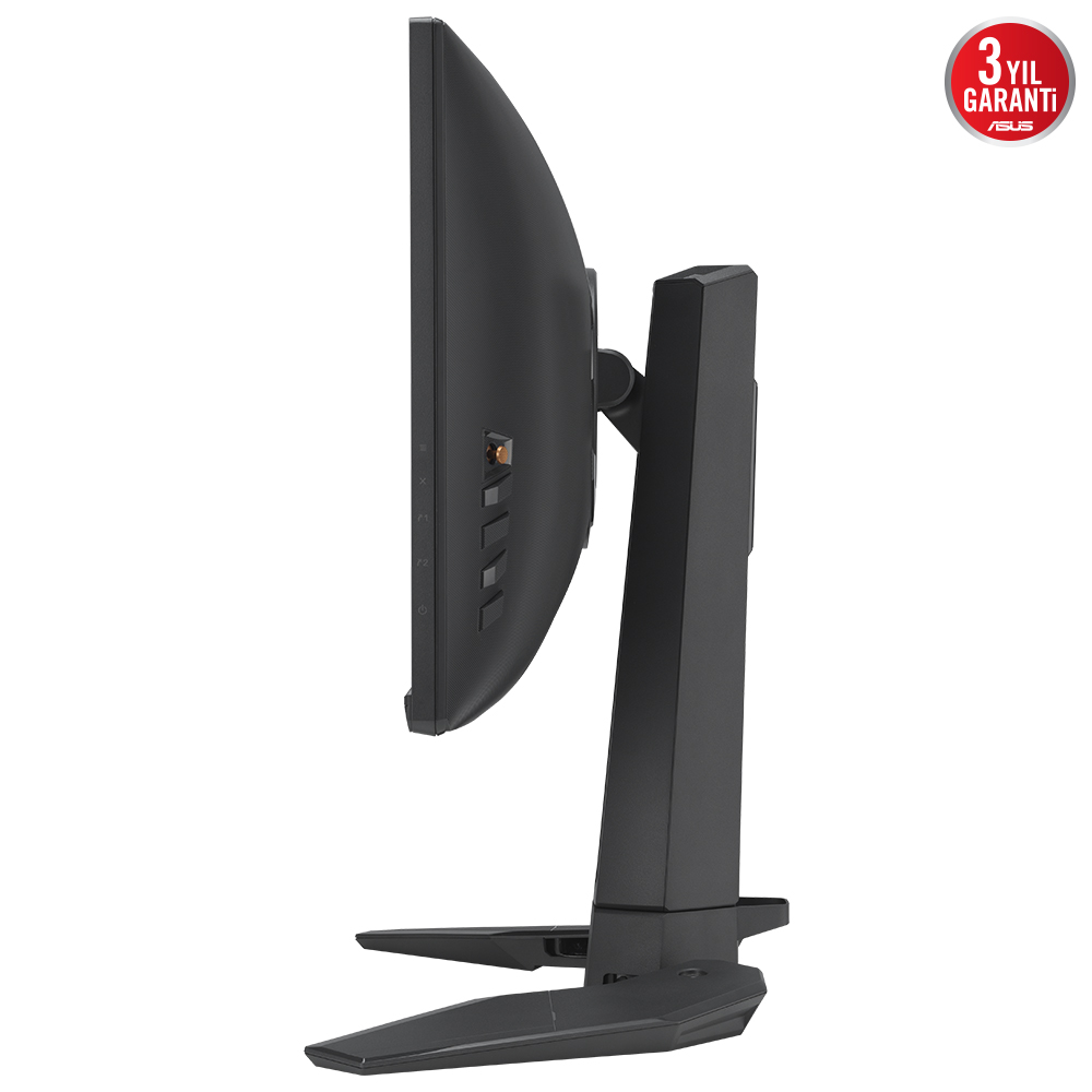 Kırmızı vurgulu siyah bir monitörün yan görünümü, beyaz arka plan üzerinde. ASUS logosu görünür.
